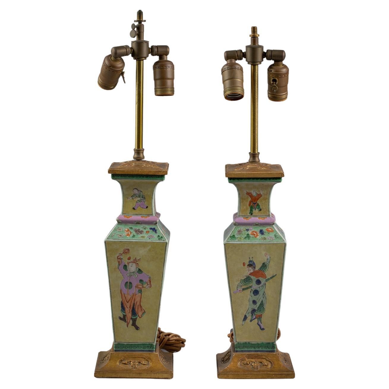 Pair of Chinese Porcelain Yellow Ground Quadrangular Lamps, circa 1875