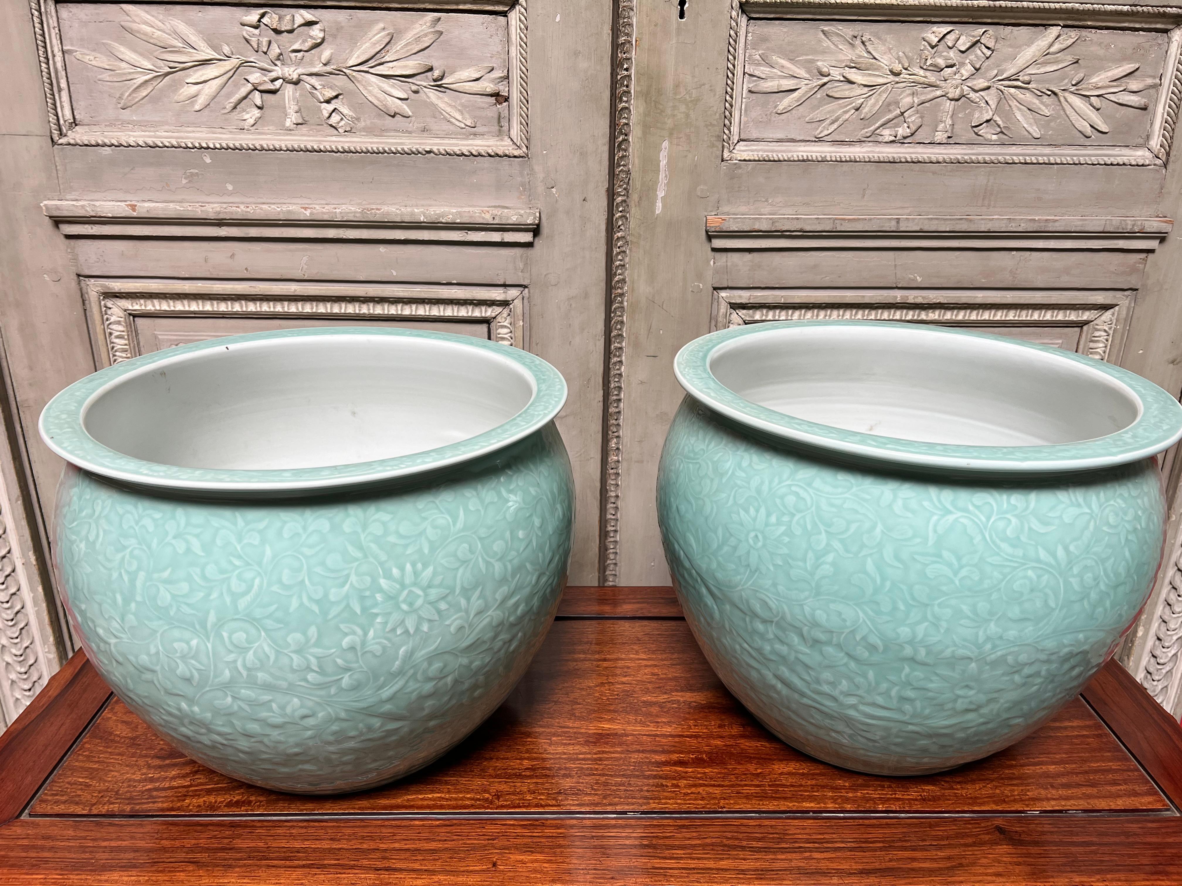 Ming Pair of Chinese Porclelain Celedon Planters For Sale