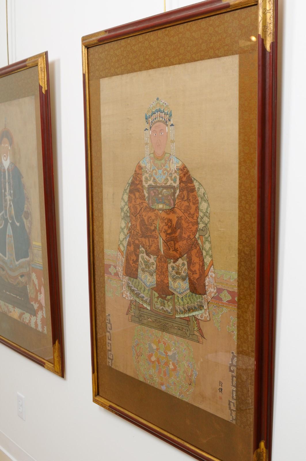 Pair of Chinese Portraits in Red Painted & Gilt Frames For Sale 6