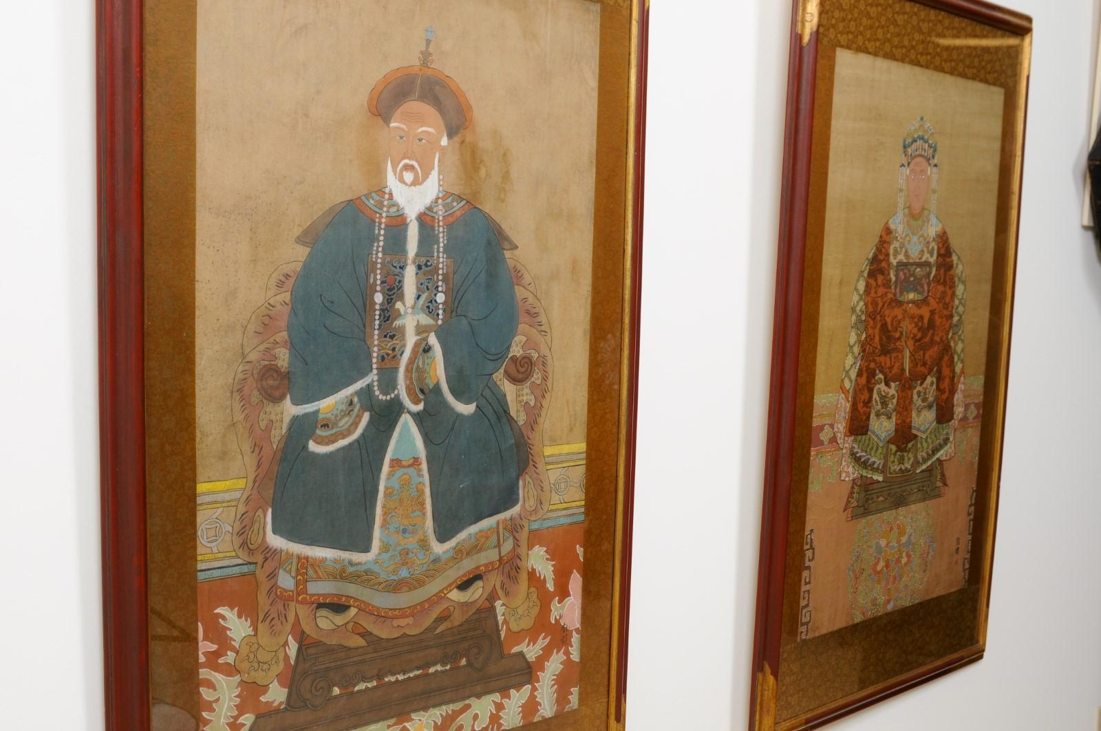 Pair of Chinese Portraits in Red Painted & Gilt Frames For Sale 7