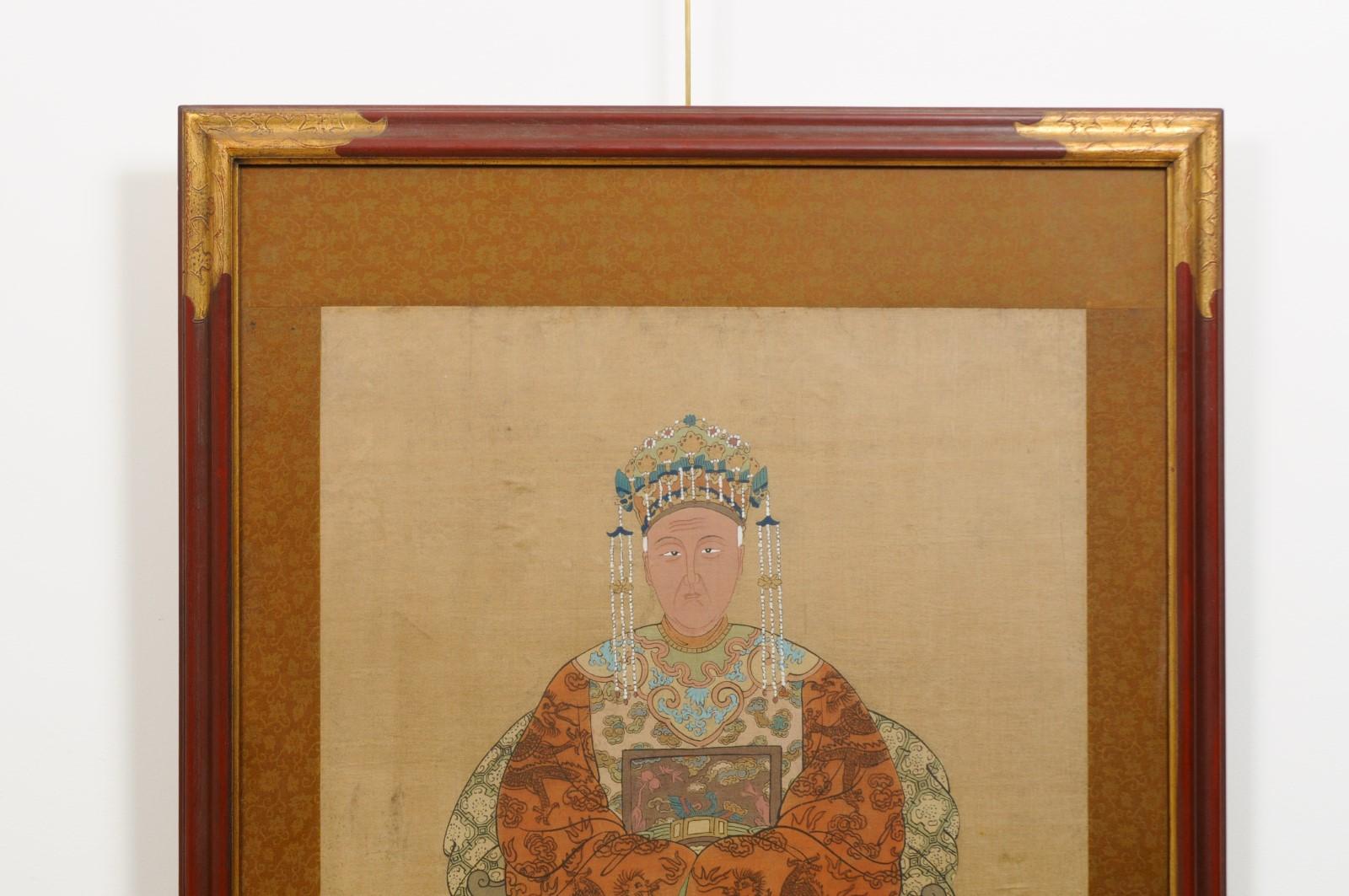 Wood Pair of Chinese Portraits in Red Painted & Gilt Frames For Sale