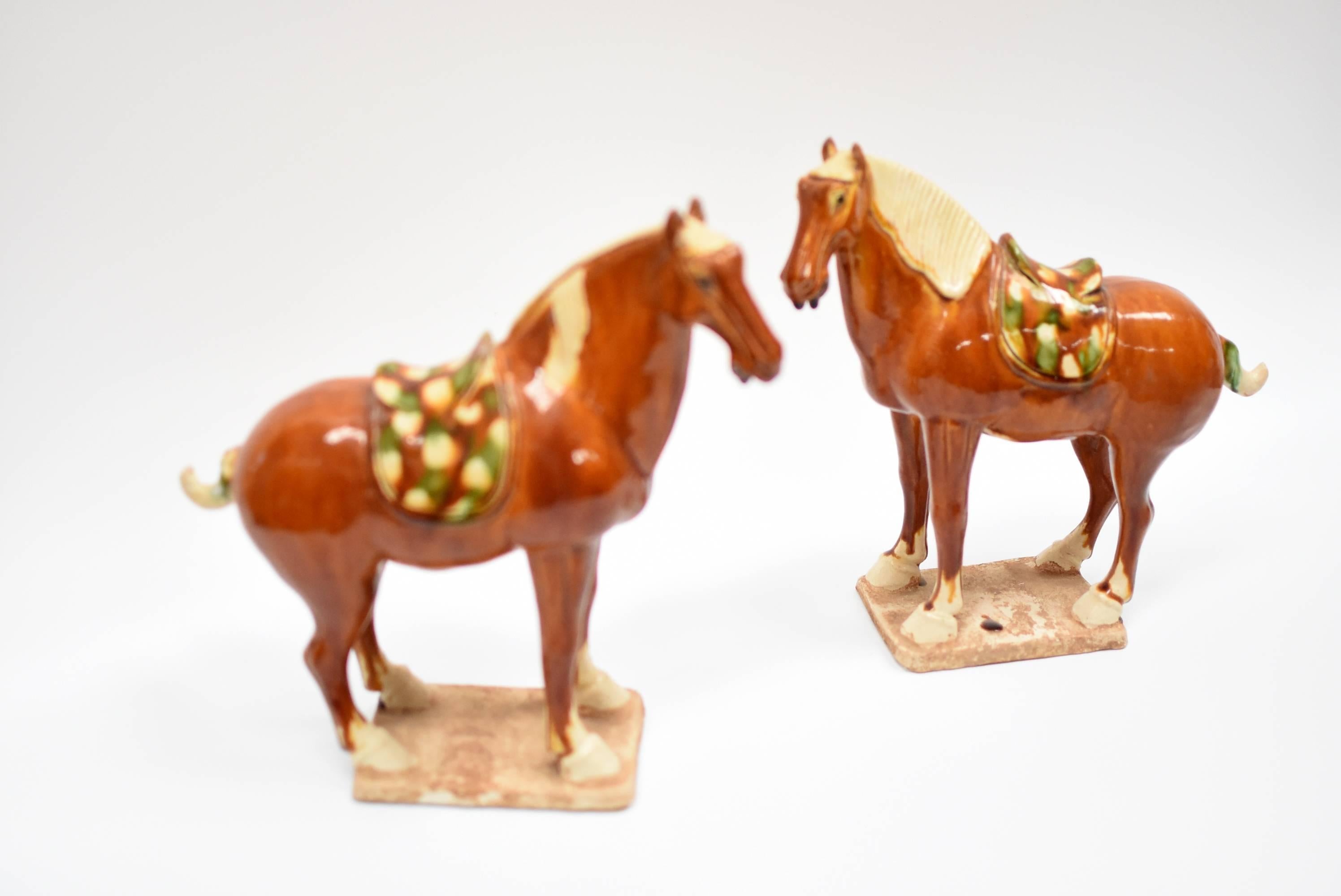 Pair of Chinese Pottery Horses, Tang San Cai Style In Excellent Condition In Somis, CA