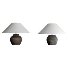 Pair of Chinese pottery Lamps with Handmade Belgian Linen Shades