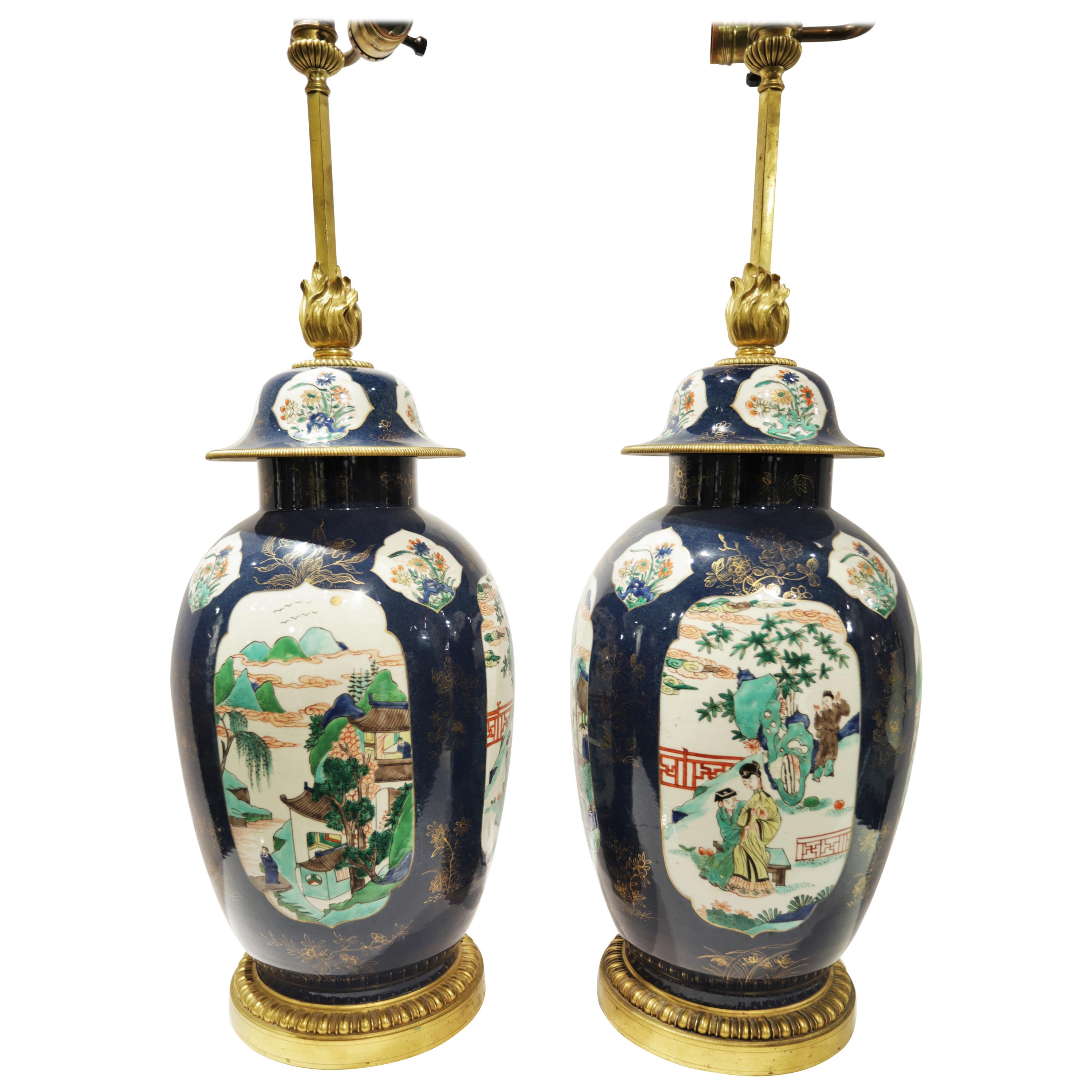 Pair of Chinese Powder Blue Bronze-Mounted Lamps Attributed to Caldwell