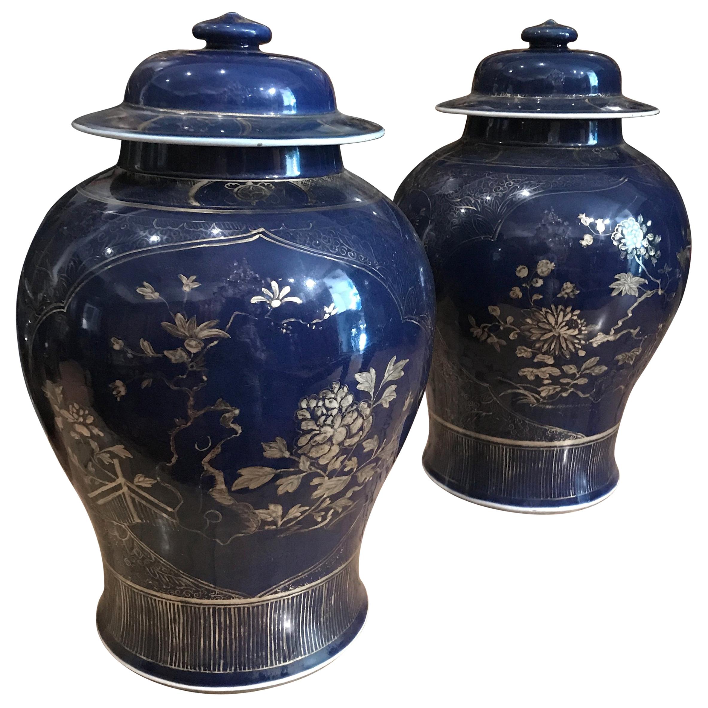 Pair of Chinese Powder-Blue Gilt-Decorated Jars, 18th Century For Sale