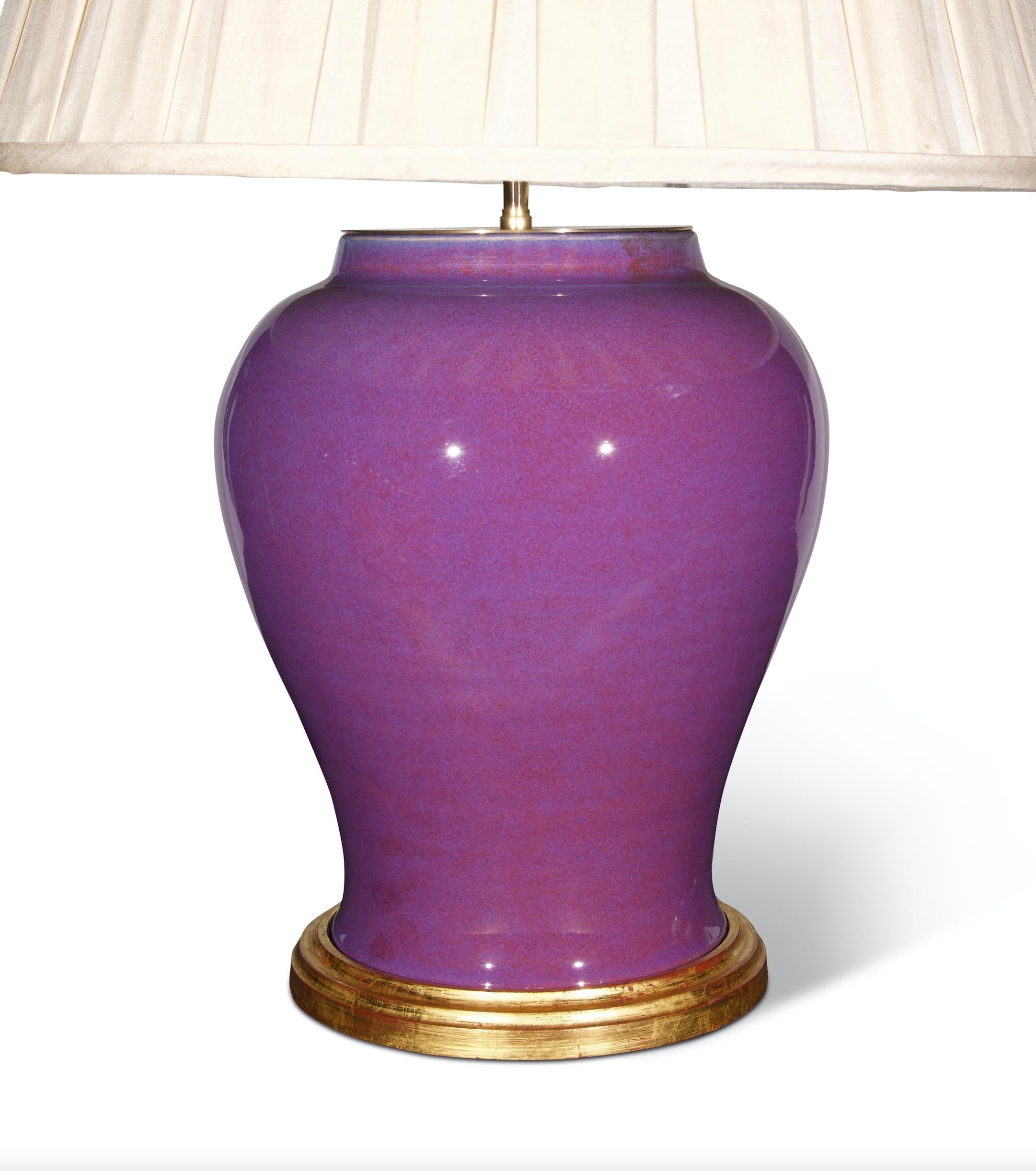 Glazed Pair of Chinese Purple Glaze Porcelain Table Lamps For Sale