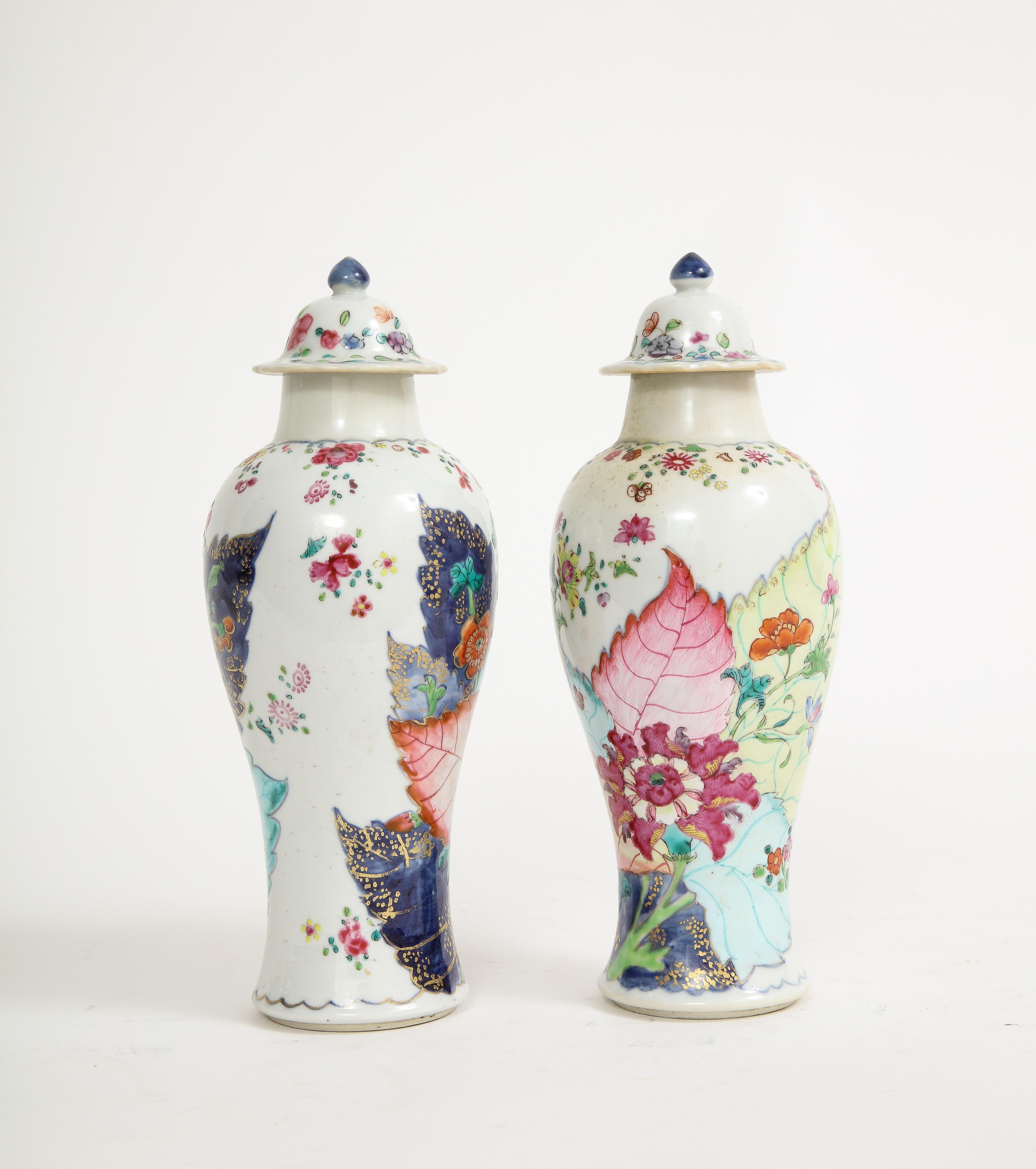 Qing Pair of Chinese Qianlong Period Tobacco Leaf Baluster Vases and Covers For Sale
