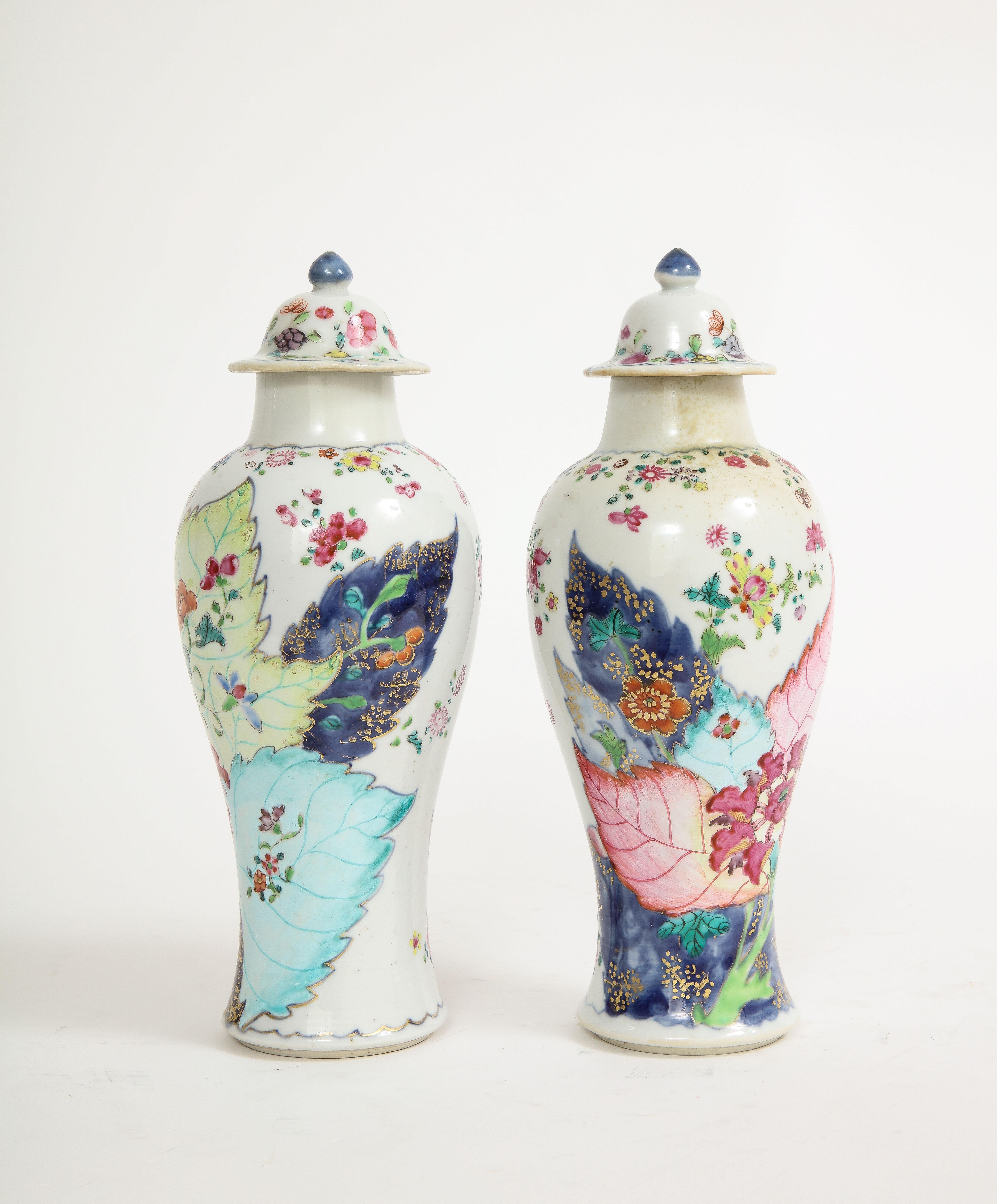 Hand-Painted Pair of Chinese Qianlong Period Tobacco Leaf Baluster Vases and Covers For Sale