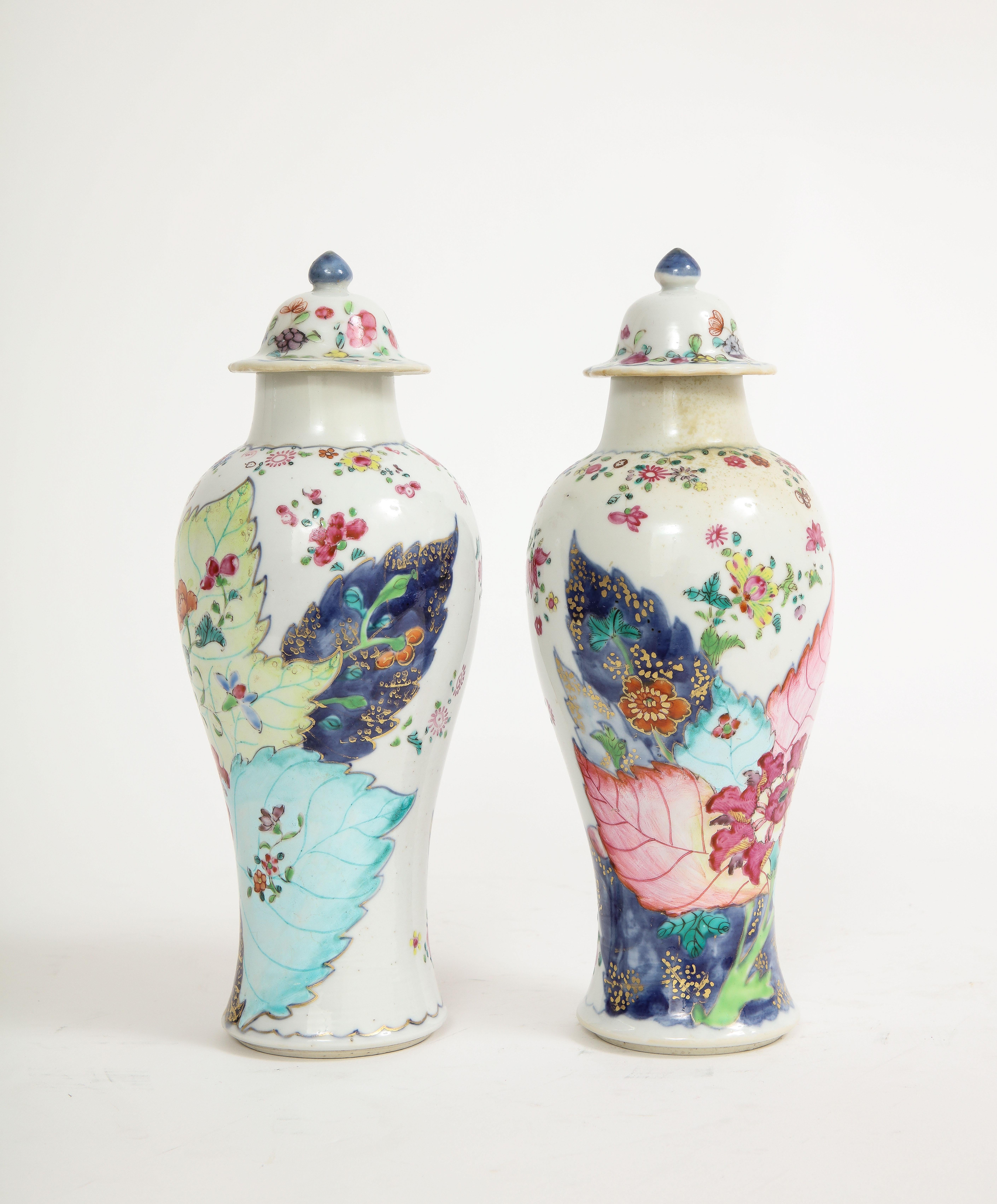 Hand-Painted Pair of Chinese Qianlong Period Tobacco Leaf Baluster Vases and Covers