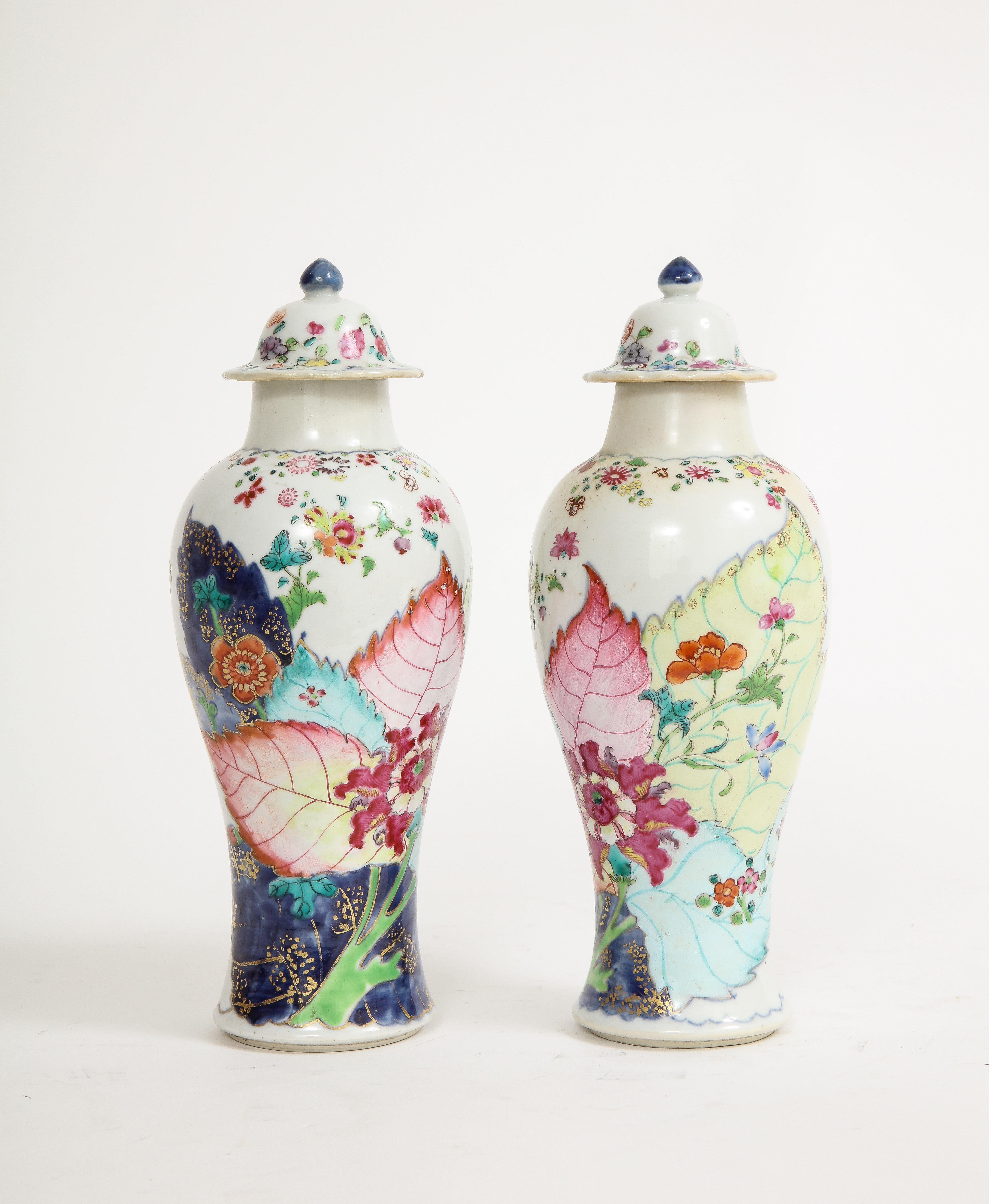 Late 18th Century Pair of Chinese Qianlong Period Tobacco Leaf Baluster Vases and Covers For Sale