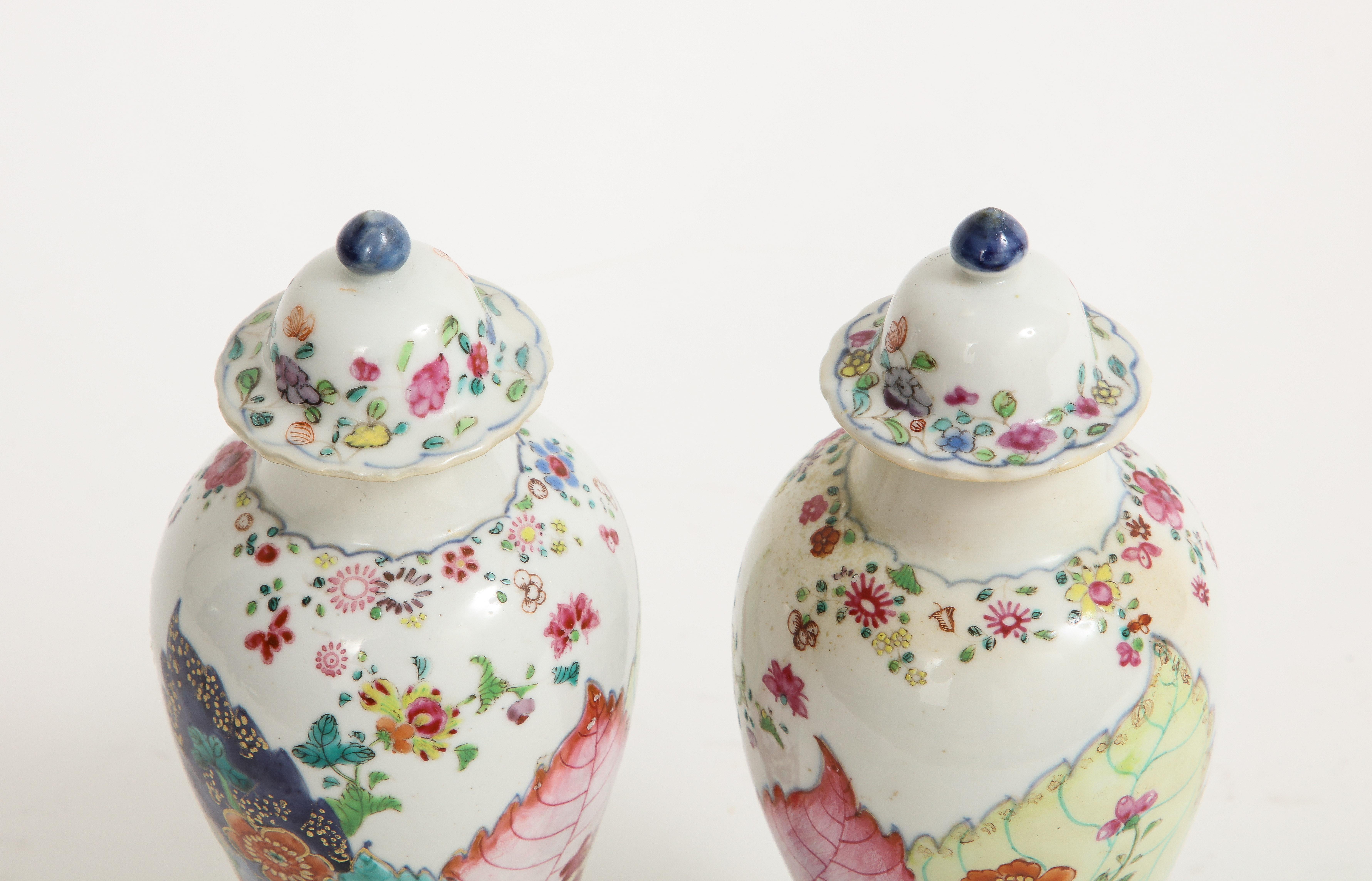 Porcelain Pair of Chinese Qianlong Period Tobacco Leaf Baluster Vases and Covers