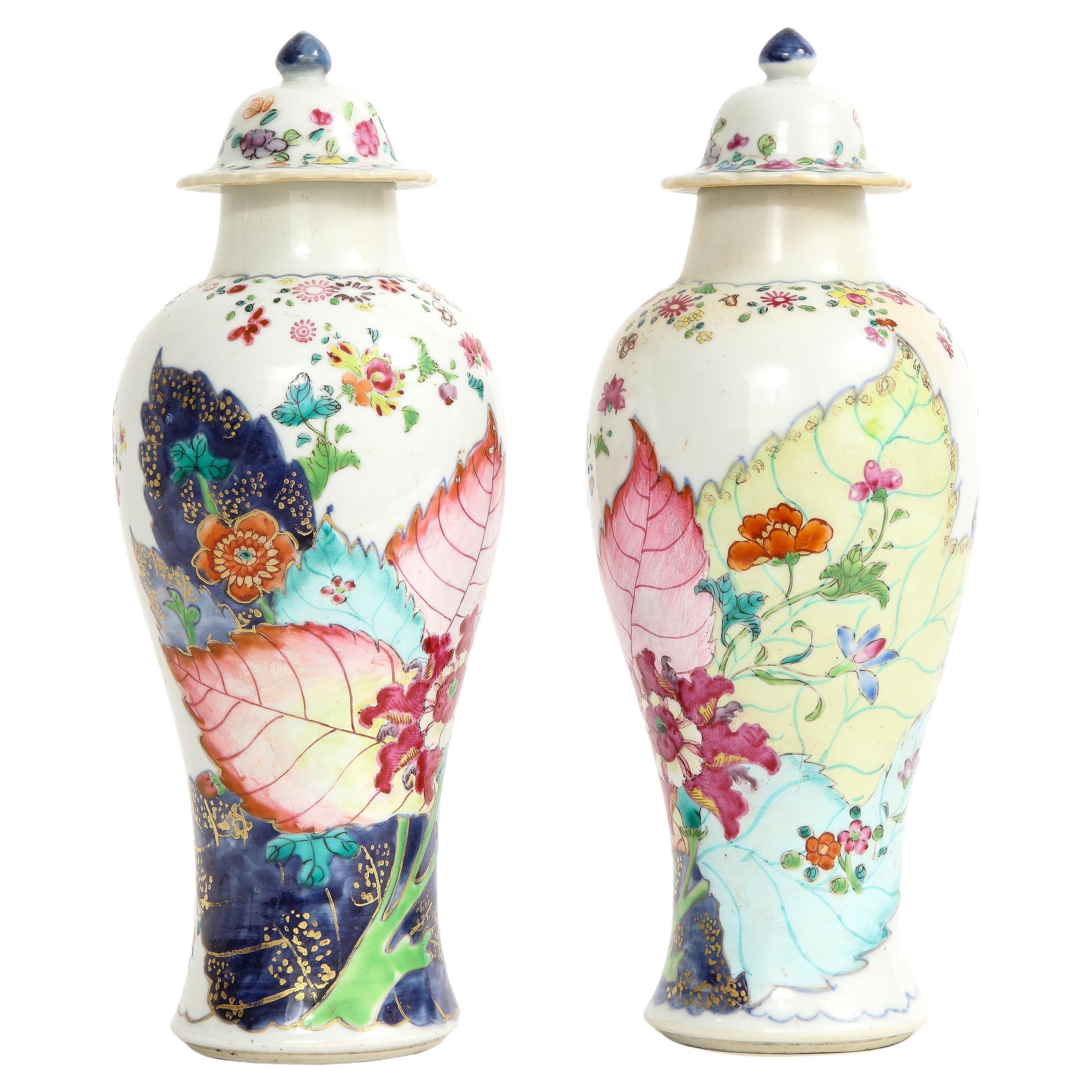 Pair of Chinese Qianlong Period Tobacco Leaf Baluster Vases and Covers For Sale