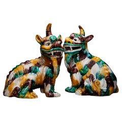 Pair of Chinese Qilin Figures 20th Century in Sancai Glazed Ceramic 