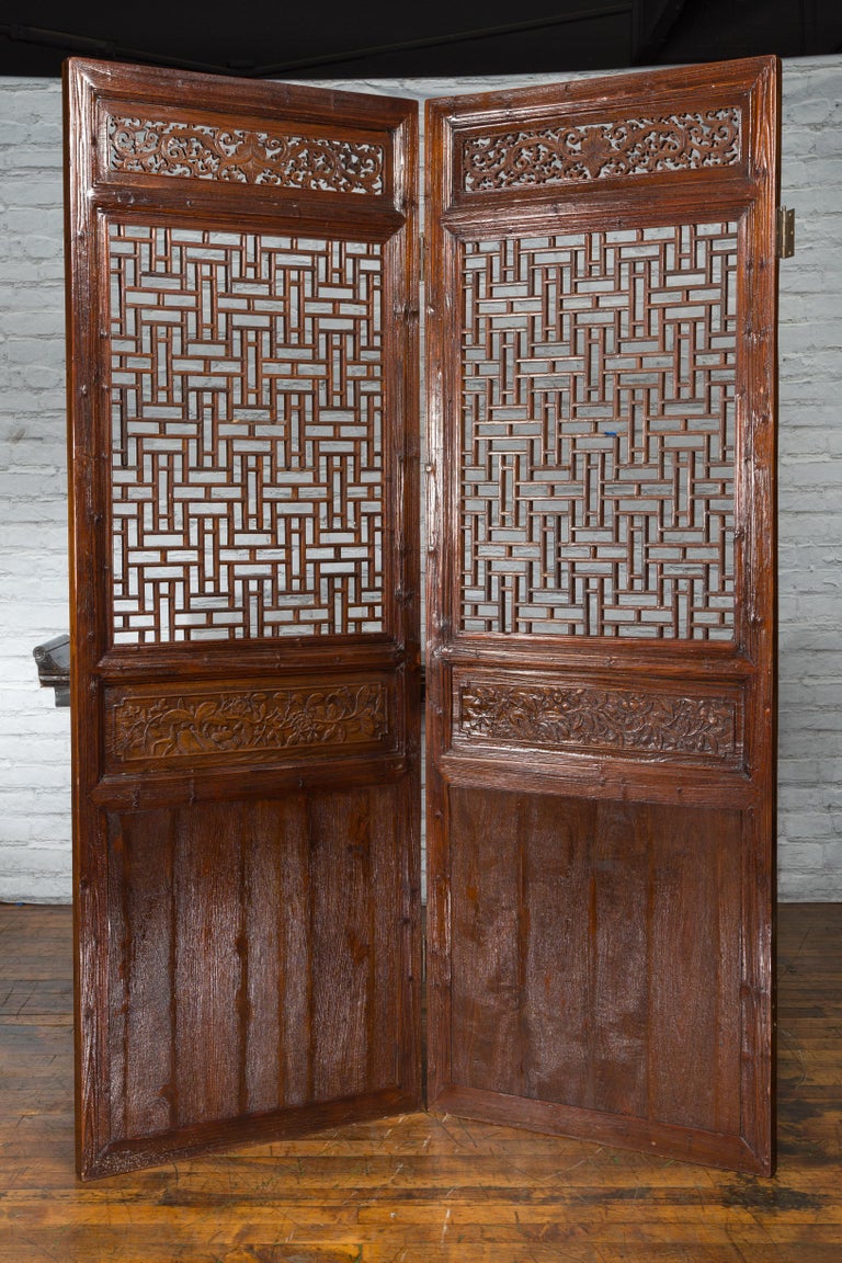 Carved Pair of Chinese Qing Dynasty 19th Century Architectural Panels with Fretwork For Sale
