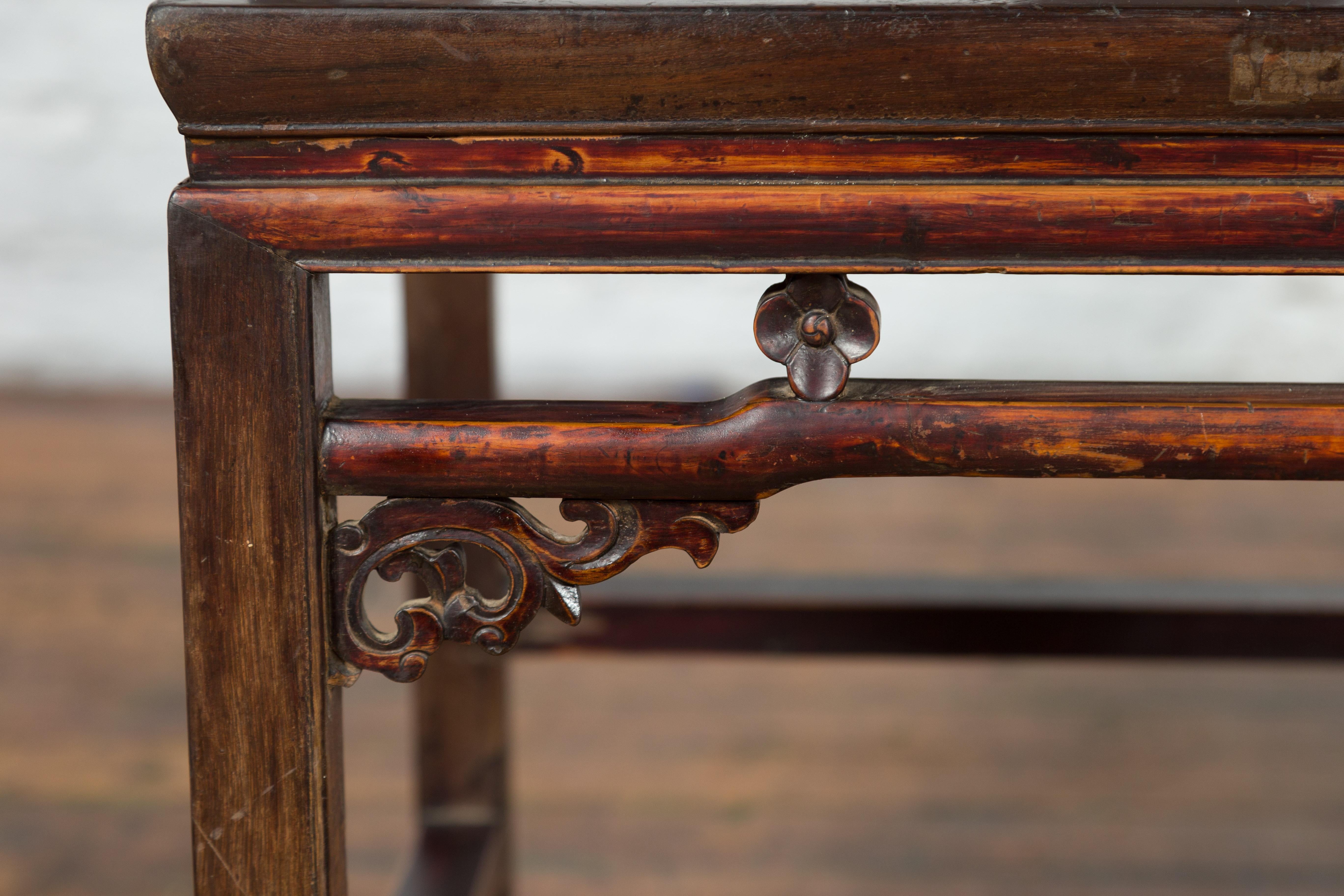 Pair of Chinese Qing Dynasty 19th Century Armchairs with Floral Carved Apron For Sale 11