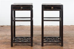Pair of Chinese Qing Dynasty 19th Century Black Lacquer Lamp Tables with Drawers