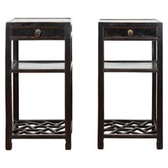 Pair of Chinese Qing Dynasty 19th Century Black Lacquer Lamp Tables with Drawers