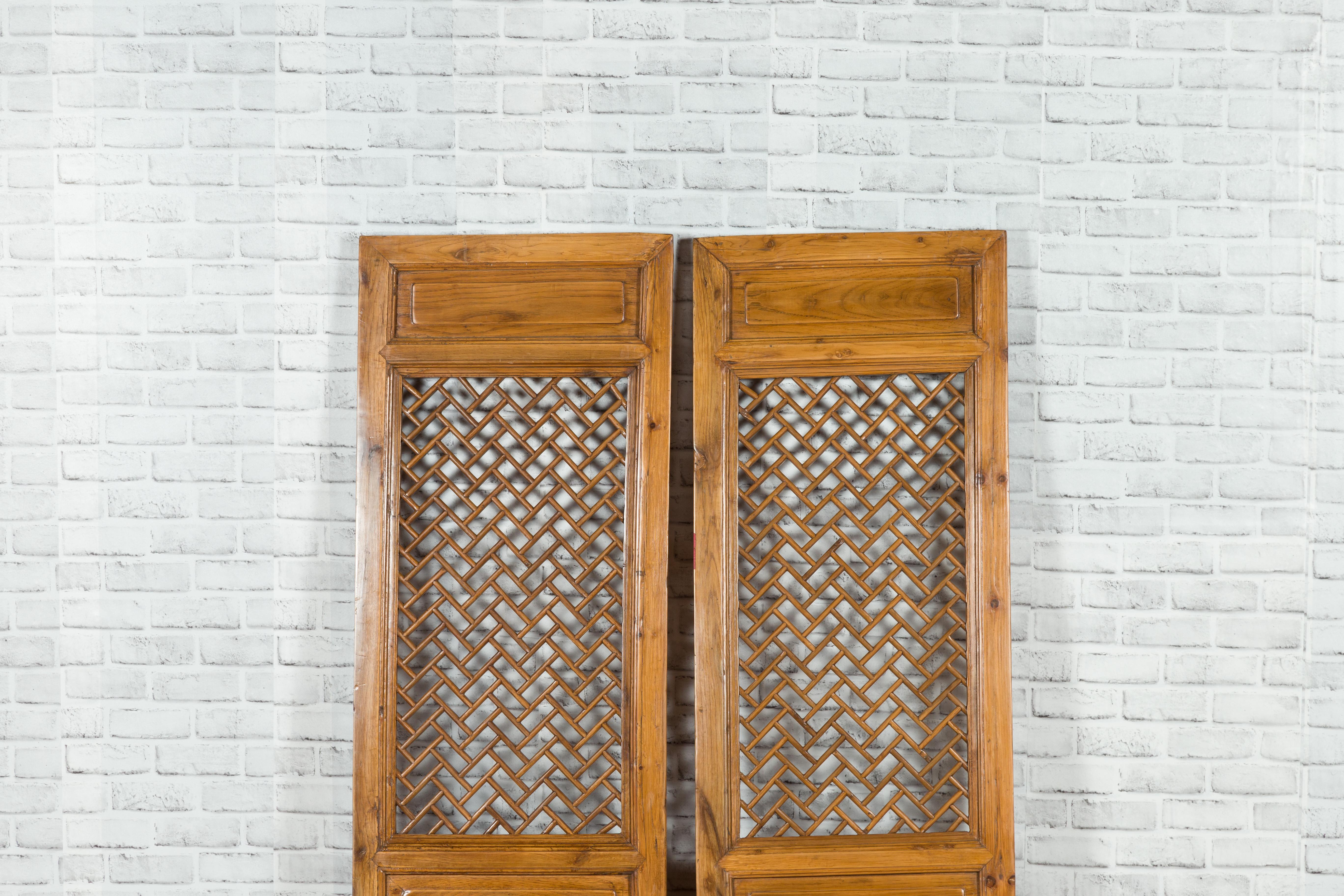 Wood Pair of Chinese Qing Dynasty 19th Century Carved Screens with Fretwork Motifs