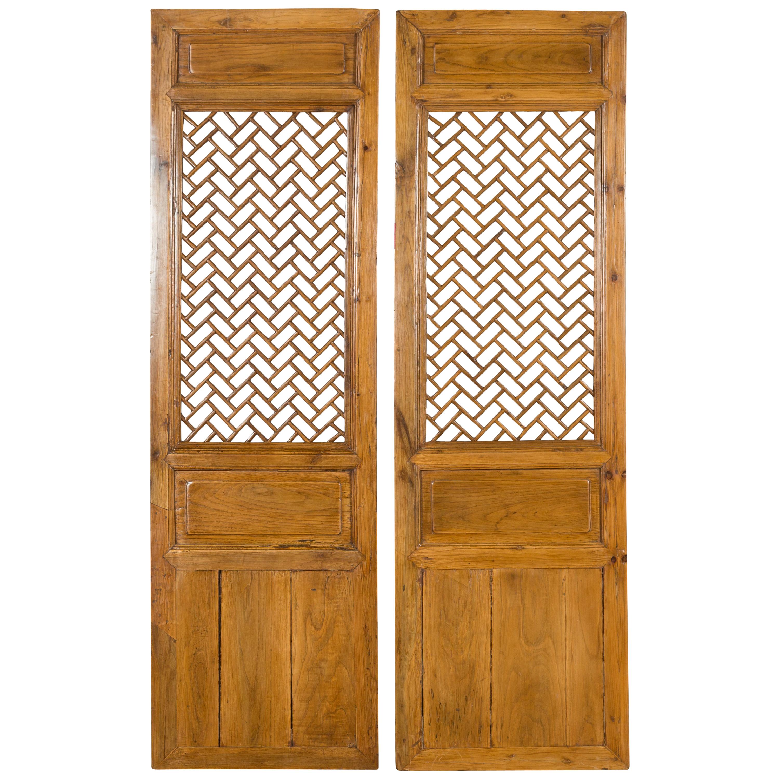 Pair of Chinese Qing Dynasty 19th Century Carved Screens with Fretwork Motifs
