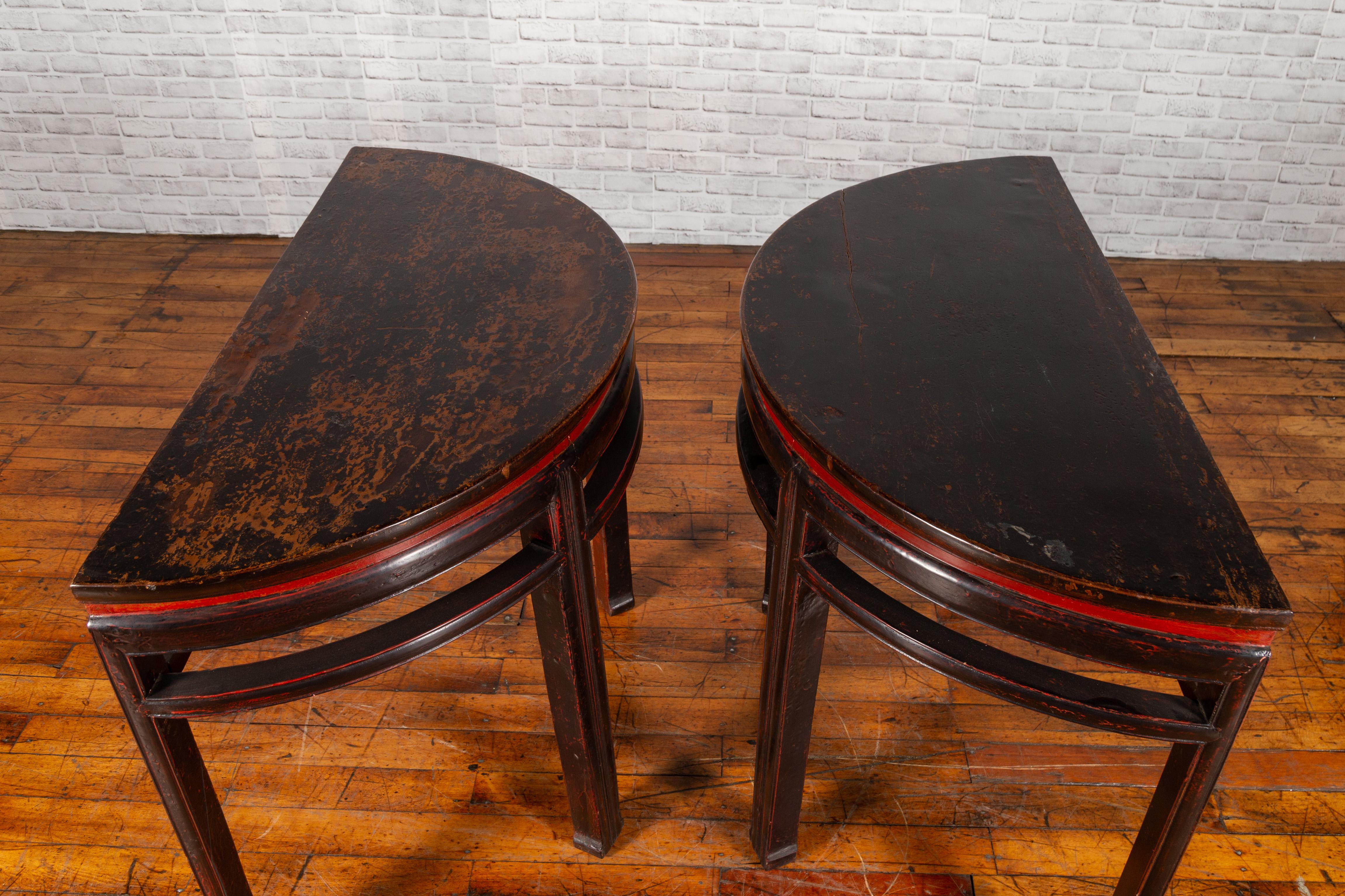 Pair of Chinese Qing Dynasty 19th Century Demilune Tables with Original Lacquer 5
