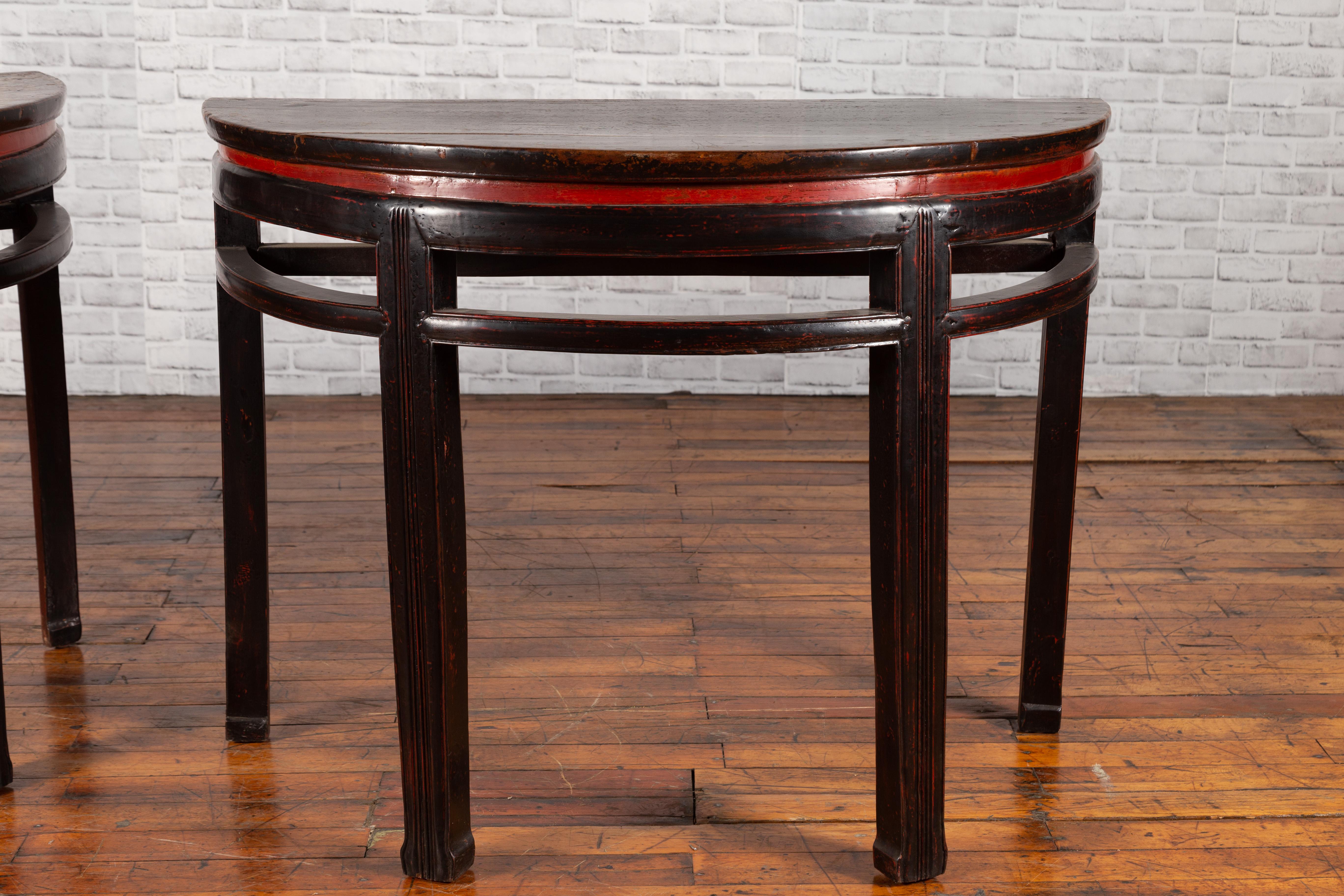 Lacquered Pair of Chinese Qing Dynasty 19th Century Demilune Tables with Original Lacquer