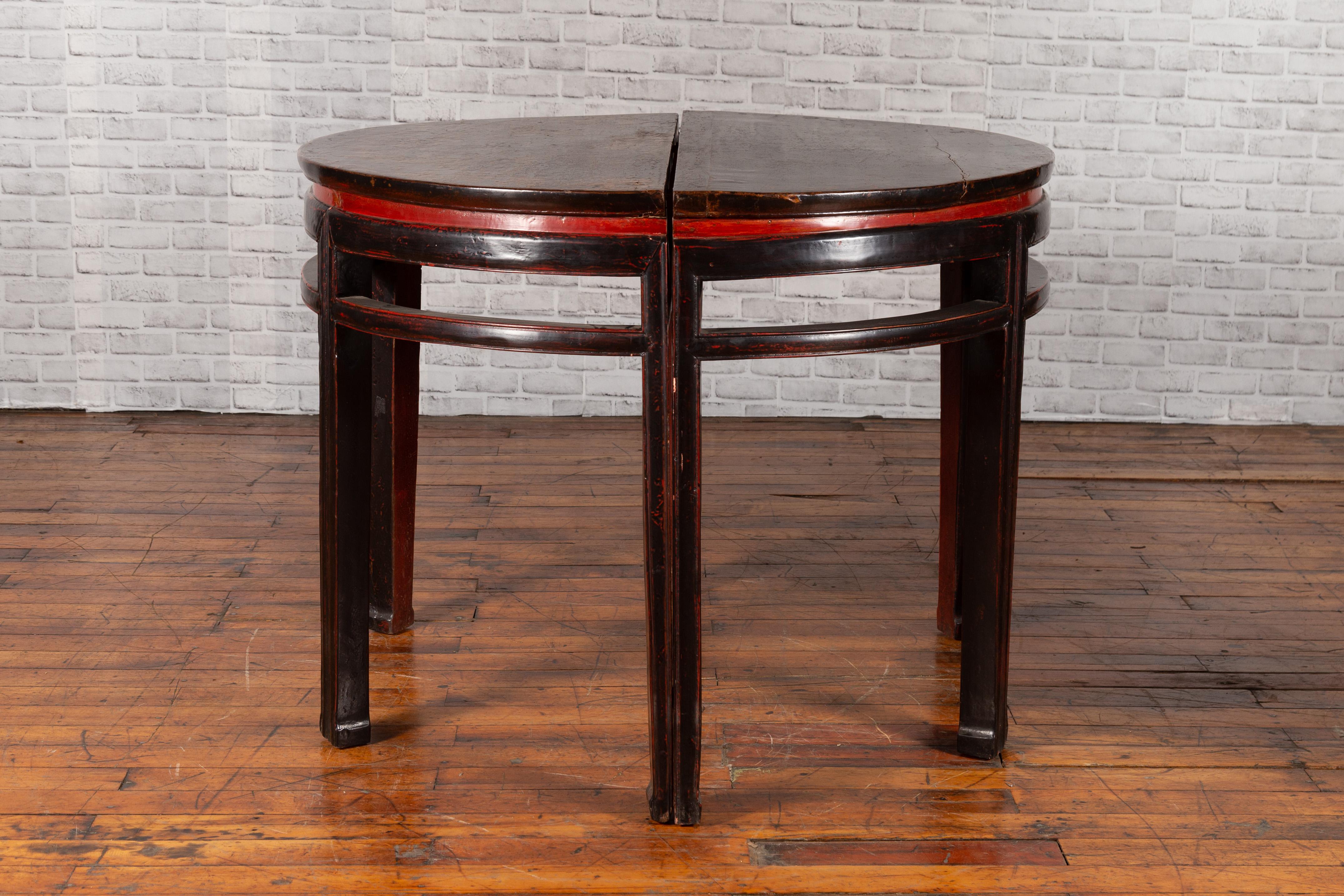 Wood Pair of Chinese Qing Dynasty 19th Century Demilune Tables with Original Lacquer