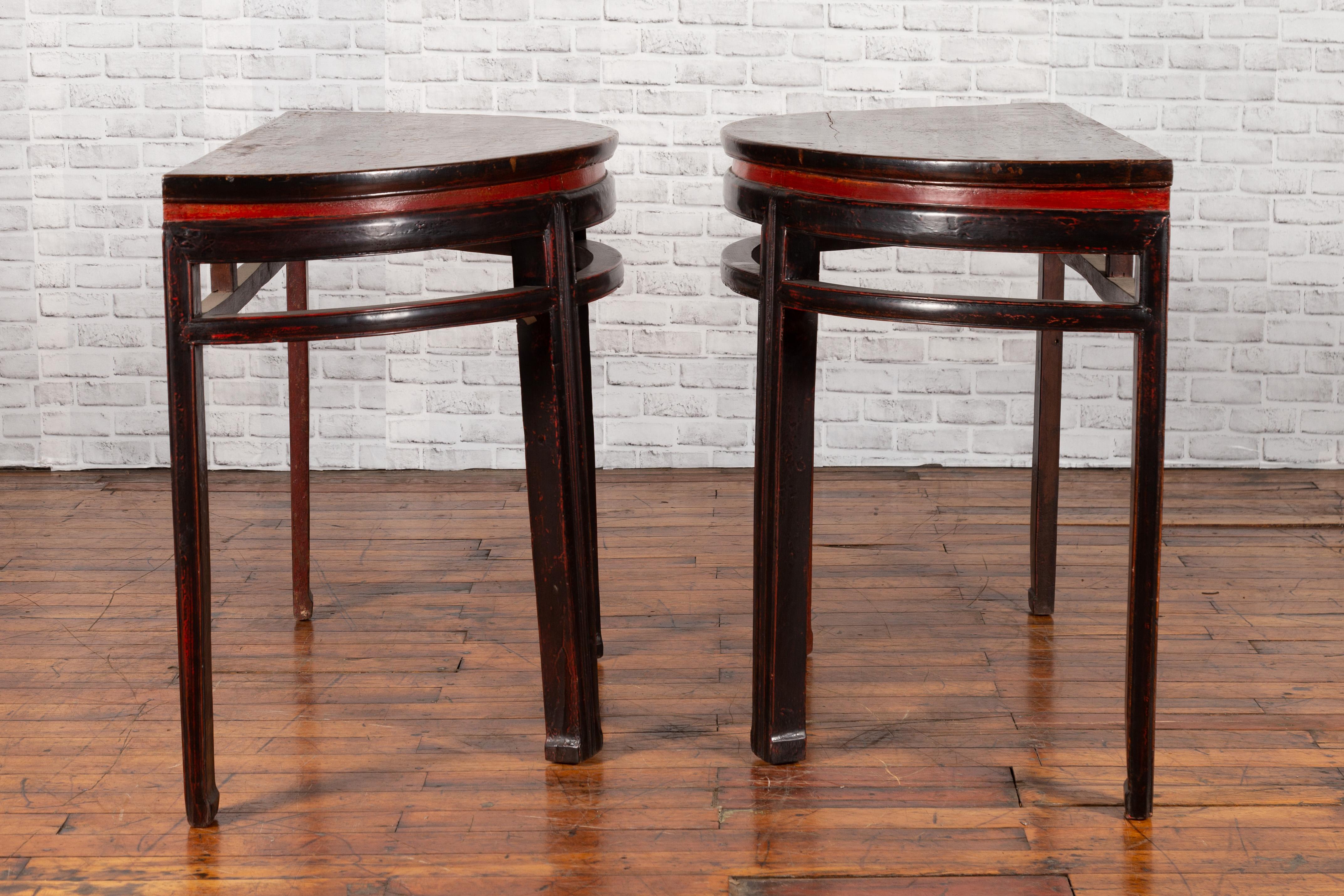 Pair of Chinese Qing Dynasty 19th Century Demilune Tables with Original Lacquer 2