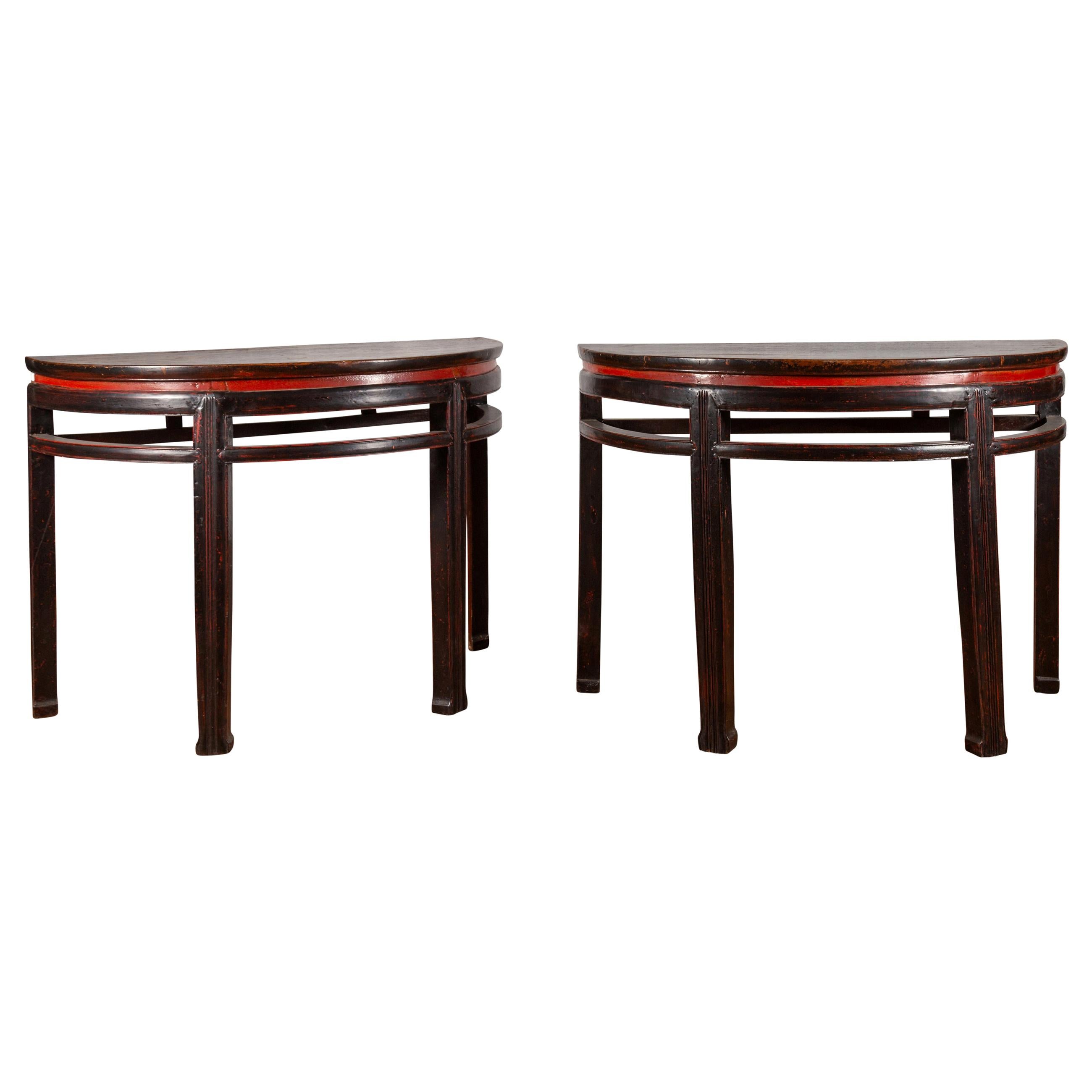 Pair of Chinese Qing Dynasty 19th Century Demilune Tables with Original Lacquer