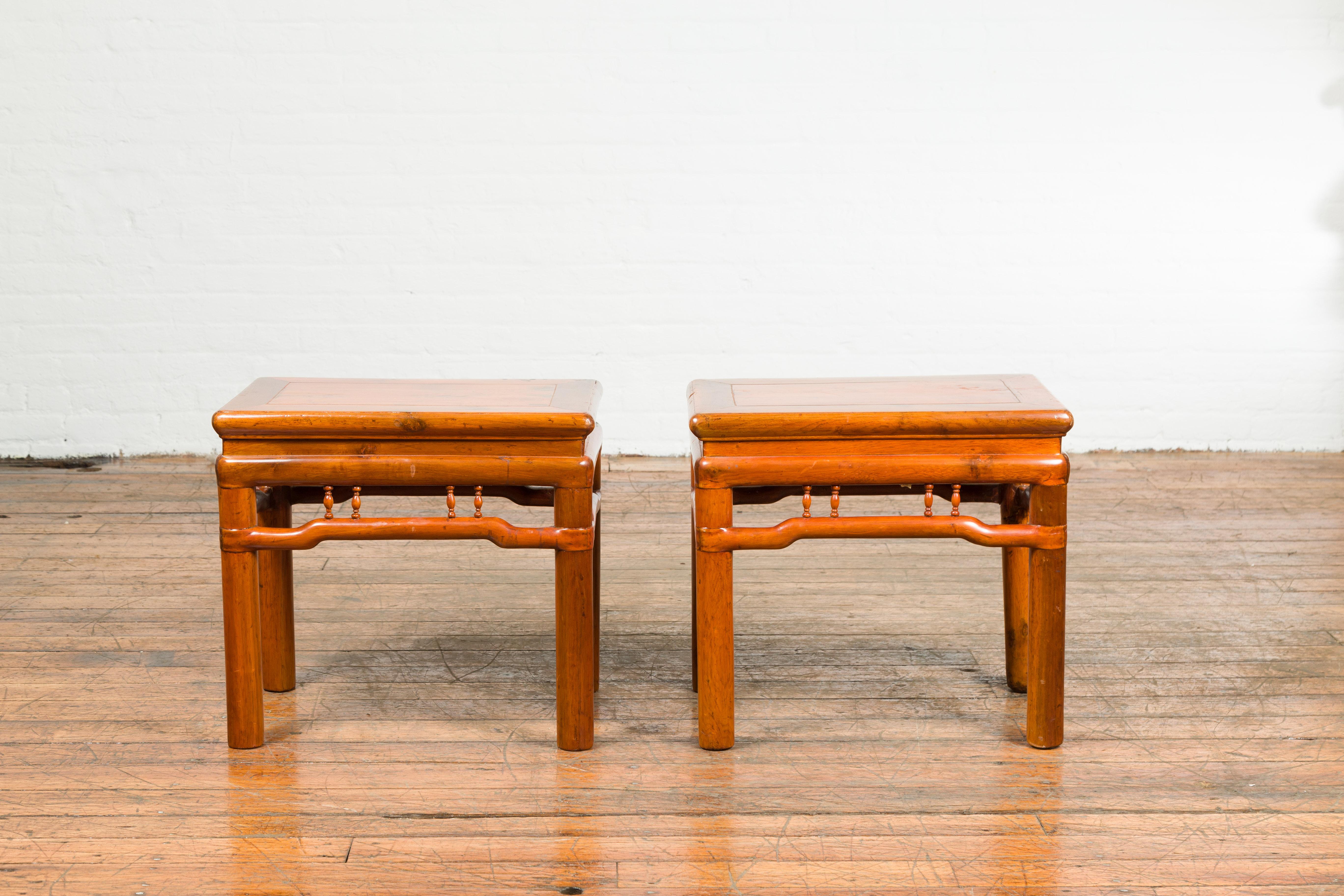 Wood Pair of Chinese Qing Dynasty 19th Century Side Tables with Humpback Stretchers For Sale
