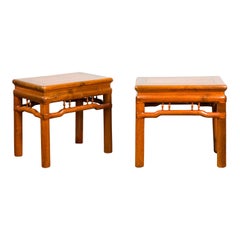 Antique Pair of Chinese Qing Dynasty 19th Century Side Tables with Humpback Stretchers