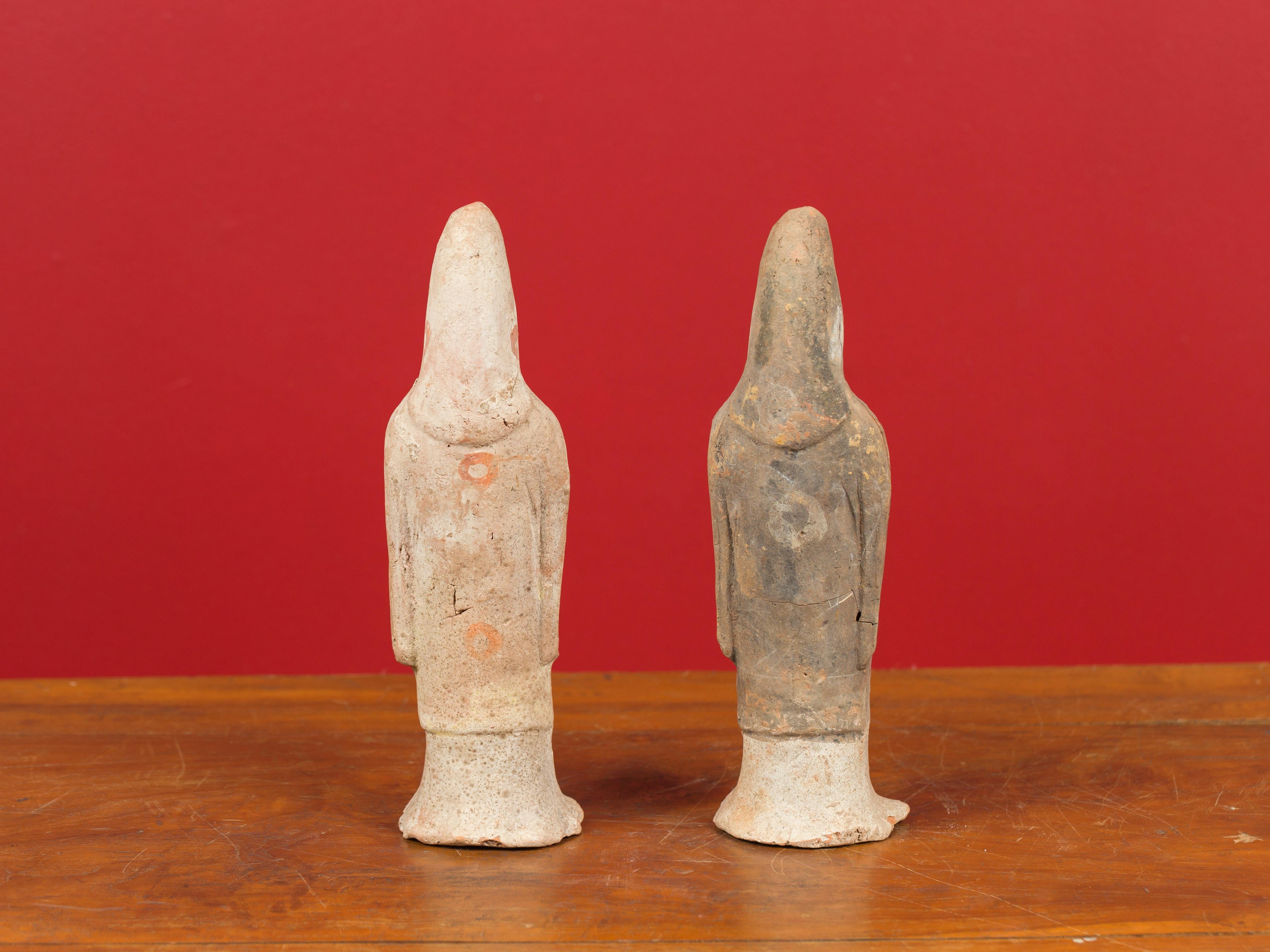 Pair of Qing Dynasty Early 20th Century Small Hand Painted Terracotta Statues For Sale 5