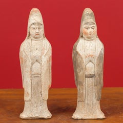 Pair of Qing Dynasty Early 20th Century Small Hand Painted Terracotta Statues