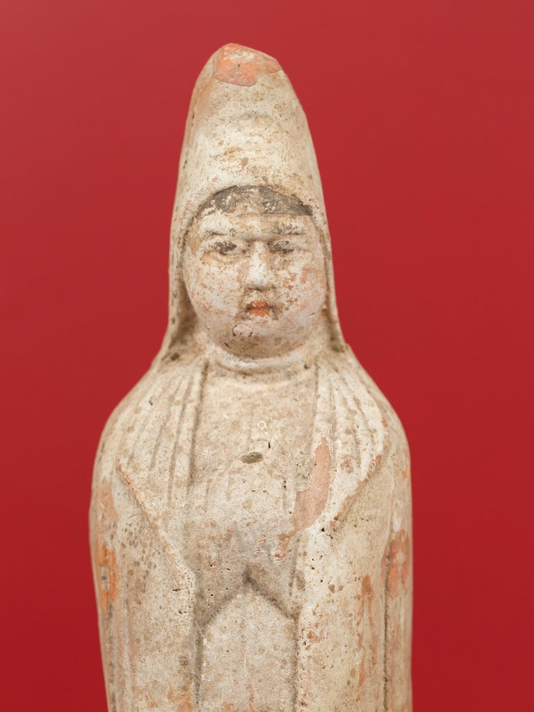 Pair of Chinese Qing Dynasty 20th Century Small Hand Painted Terracotta Statues For Sale at