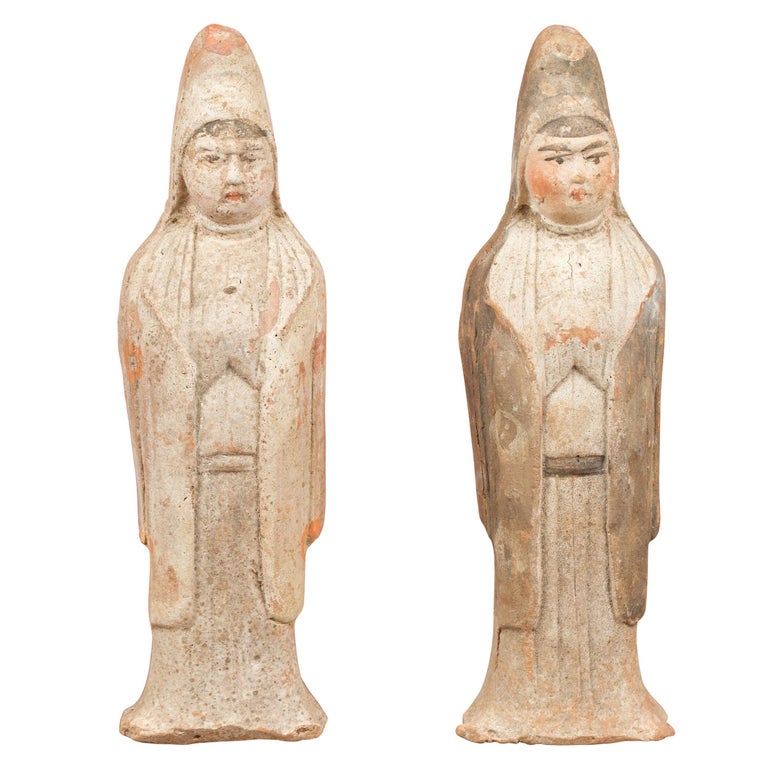 Pair of Chinese Qing Dynasty 20th Century Small Hand Painted Terracotta Statues For Sale at