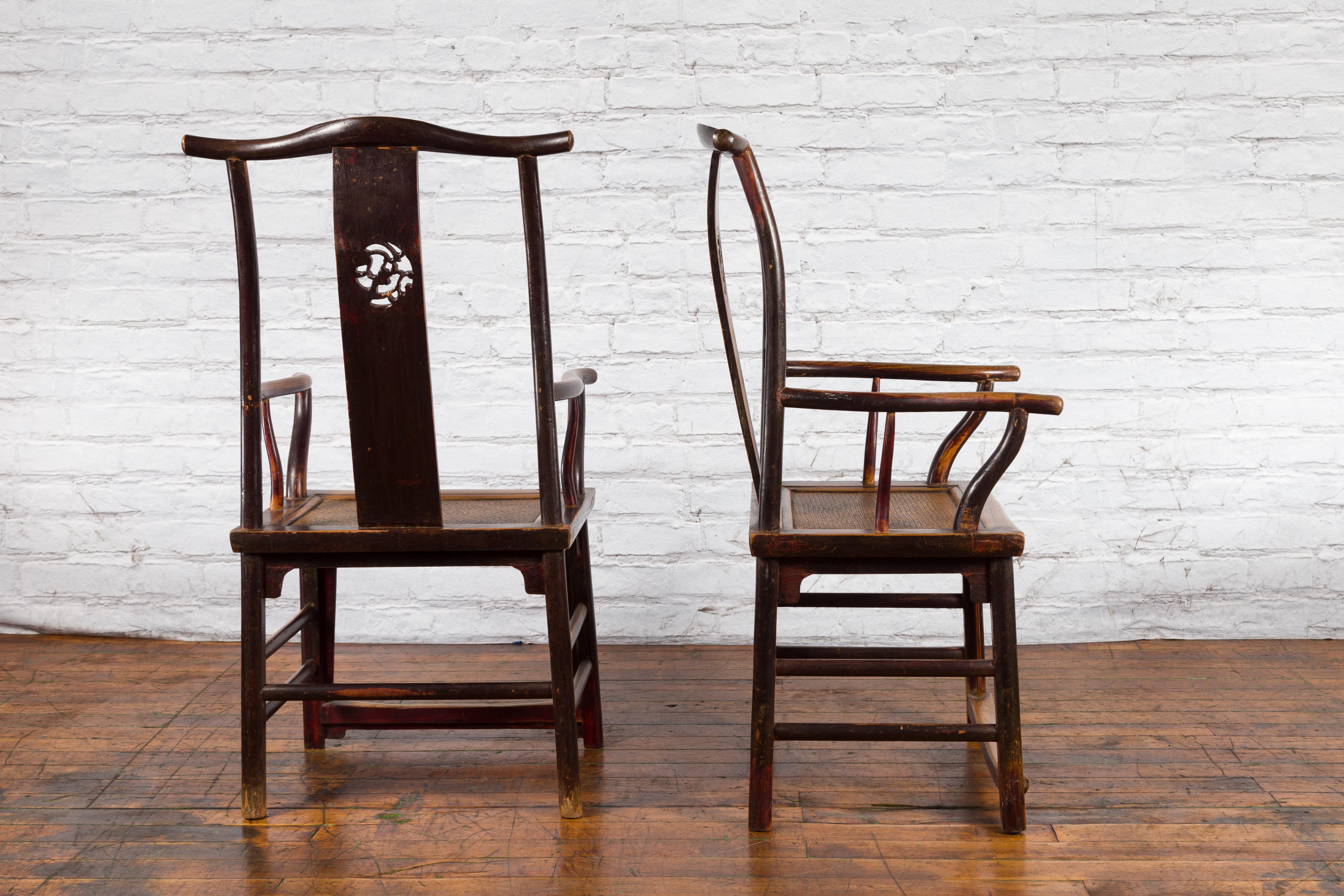 Pair of Chinese Qing Dynasty 19th Century Yoke Back Armchairs with Rattan Seats For Sale 9