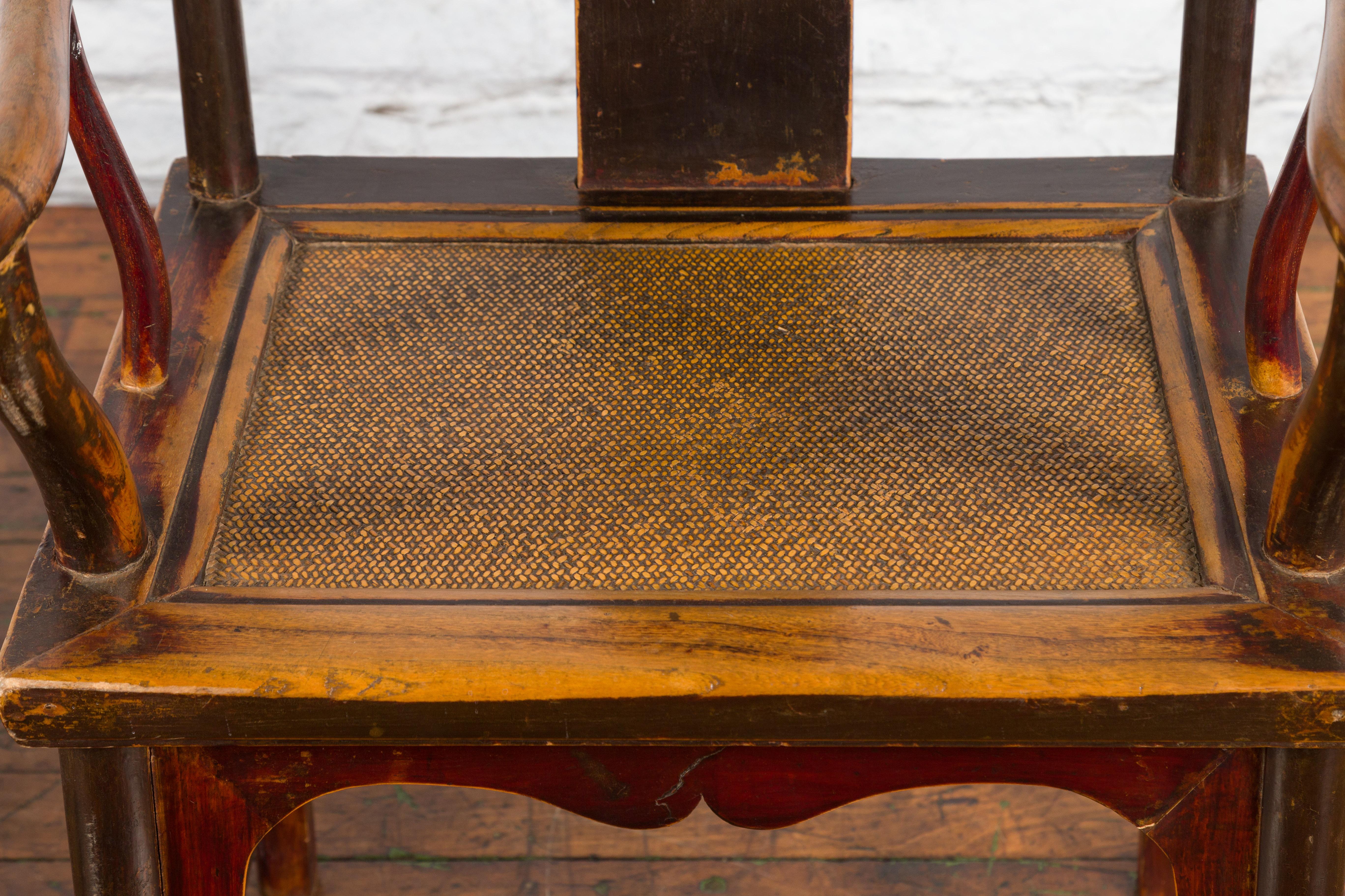 Pair of Chinese Qing Dynasty 19th Century Yoke Back Armchairs with Rattan Seats For Sale 12