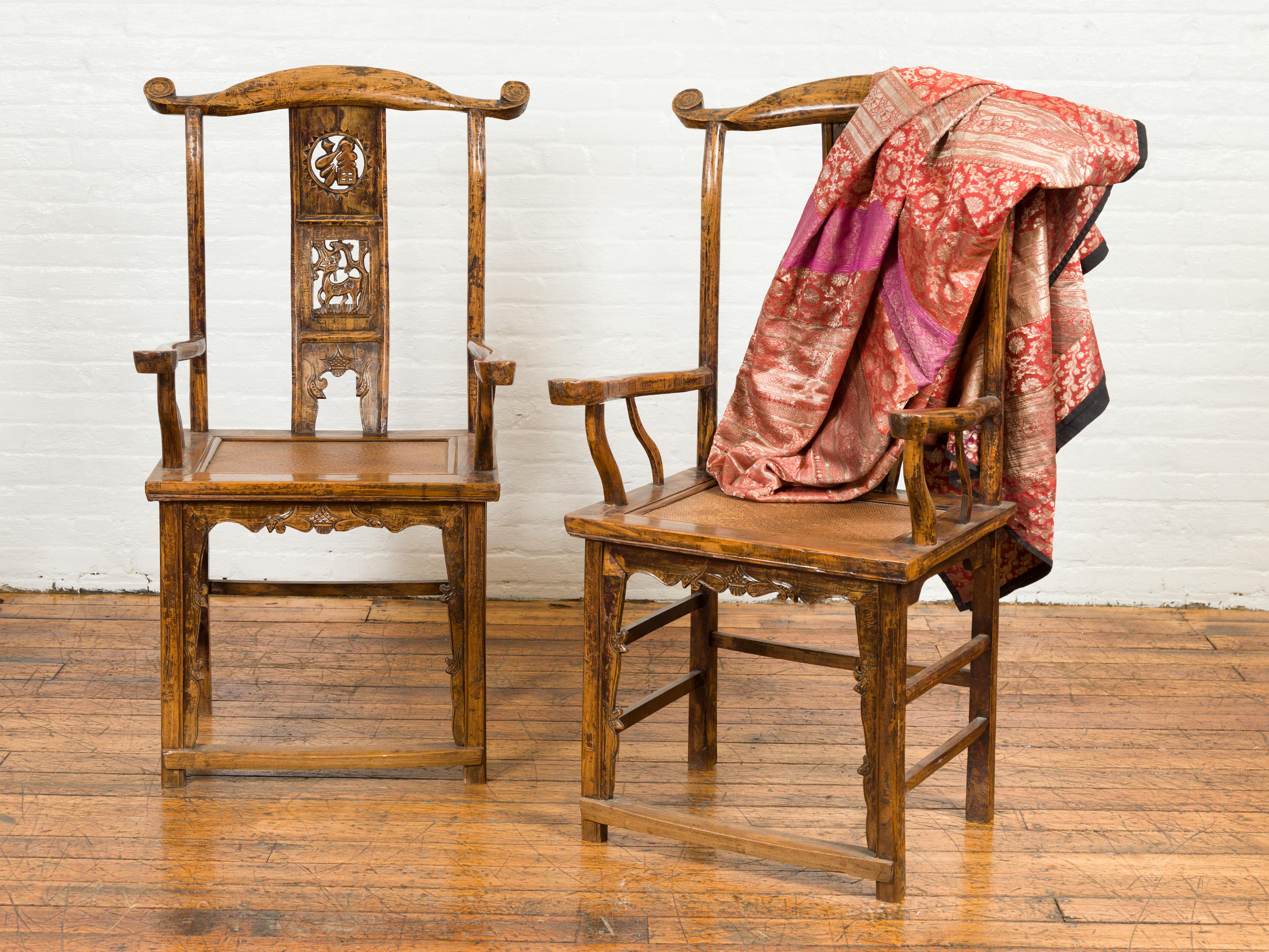 Pair of Chinese Qing Dynasty 19th Century Yoke Back Armchairs with Rattan Seats For Sale 12