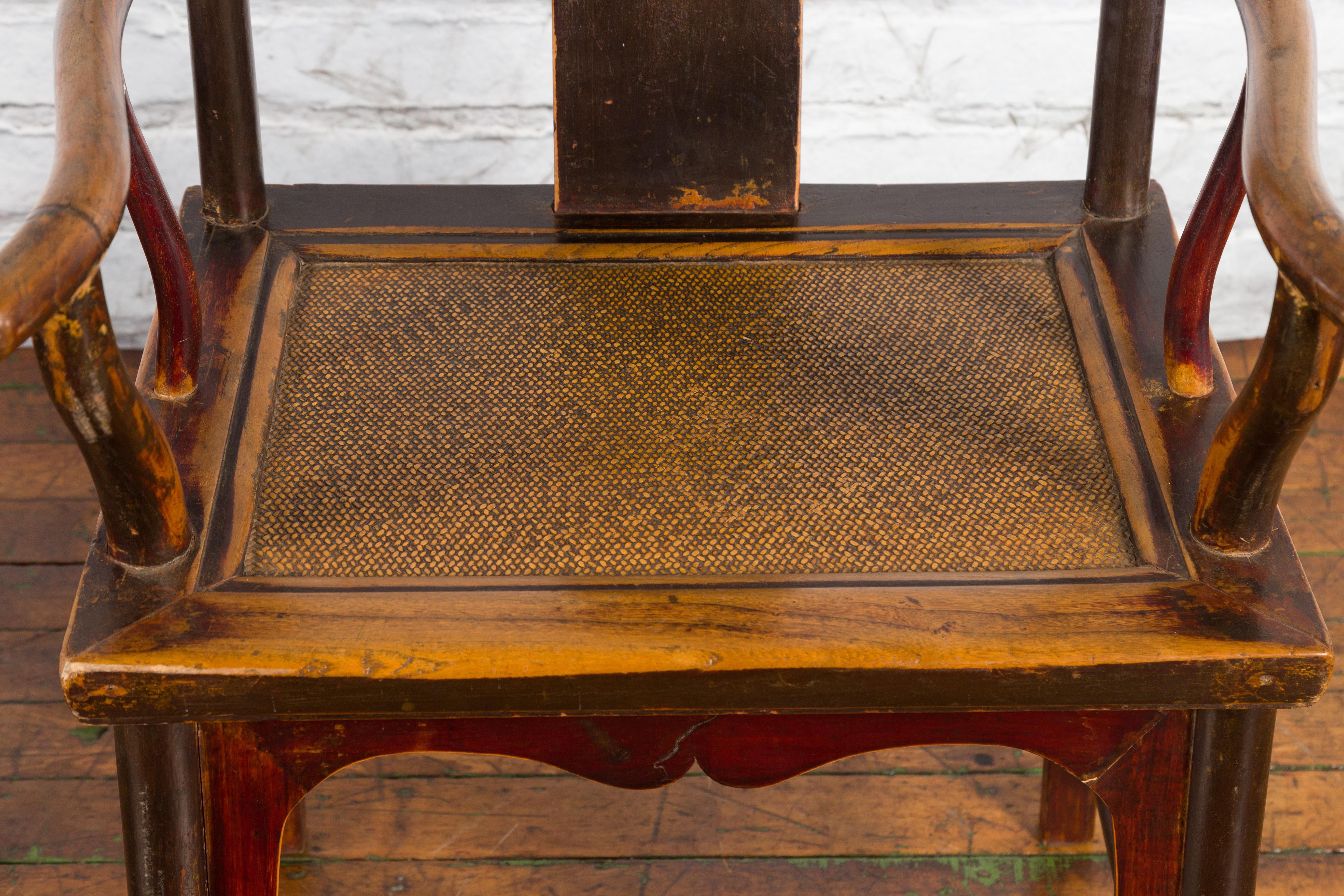 Pair of Chinese Qing Dynasty 19th Century Yoke Back Armchairs with Rattan Seats For Sale 3