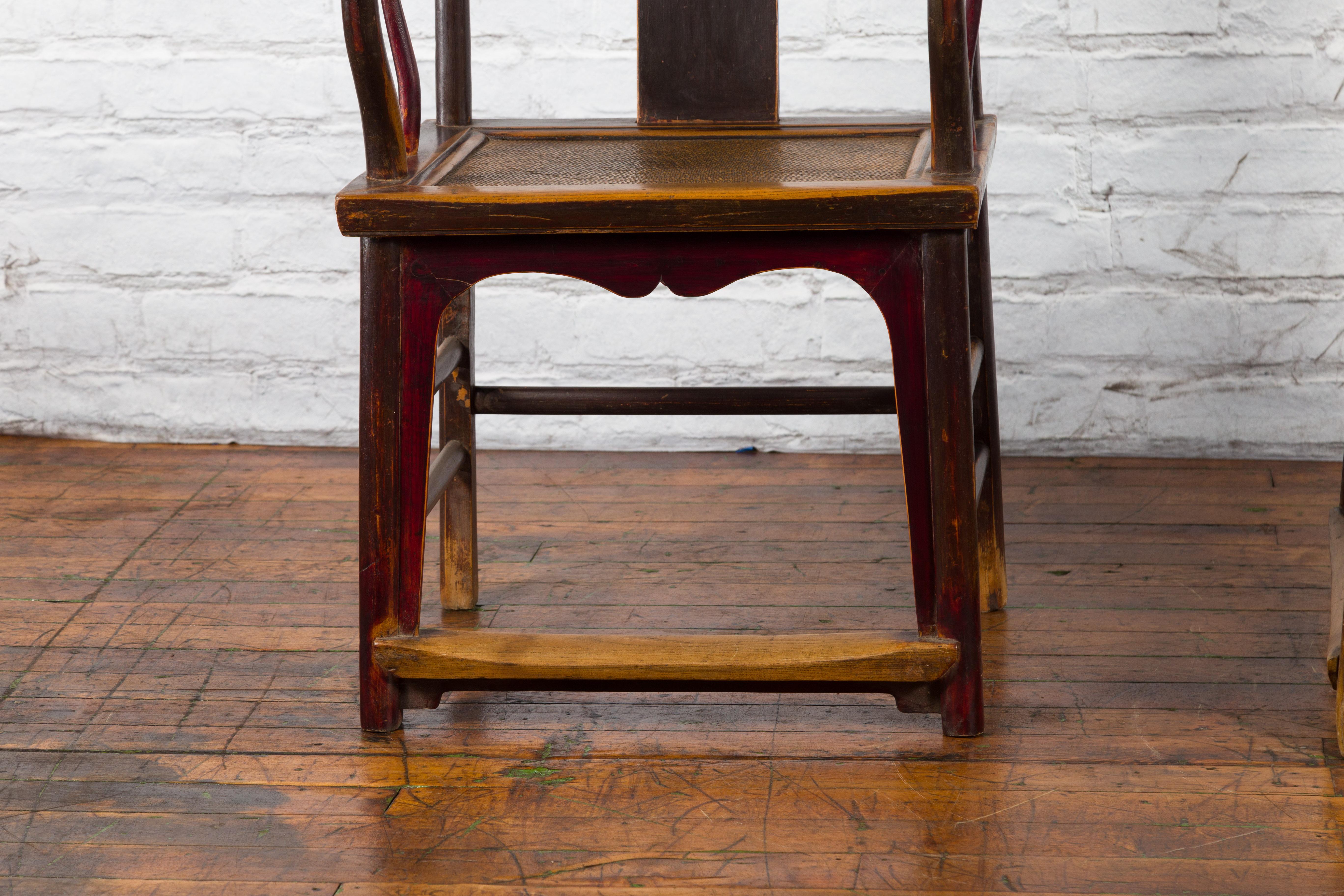 Pair of Chinese Qing Dynasty 19th Century Yoke Back Armchairs with Rattan Seats For Sale 4