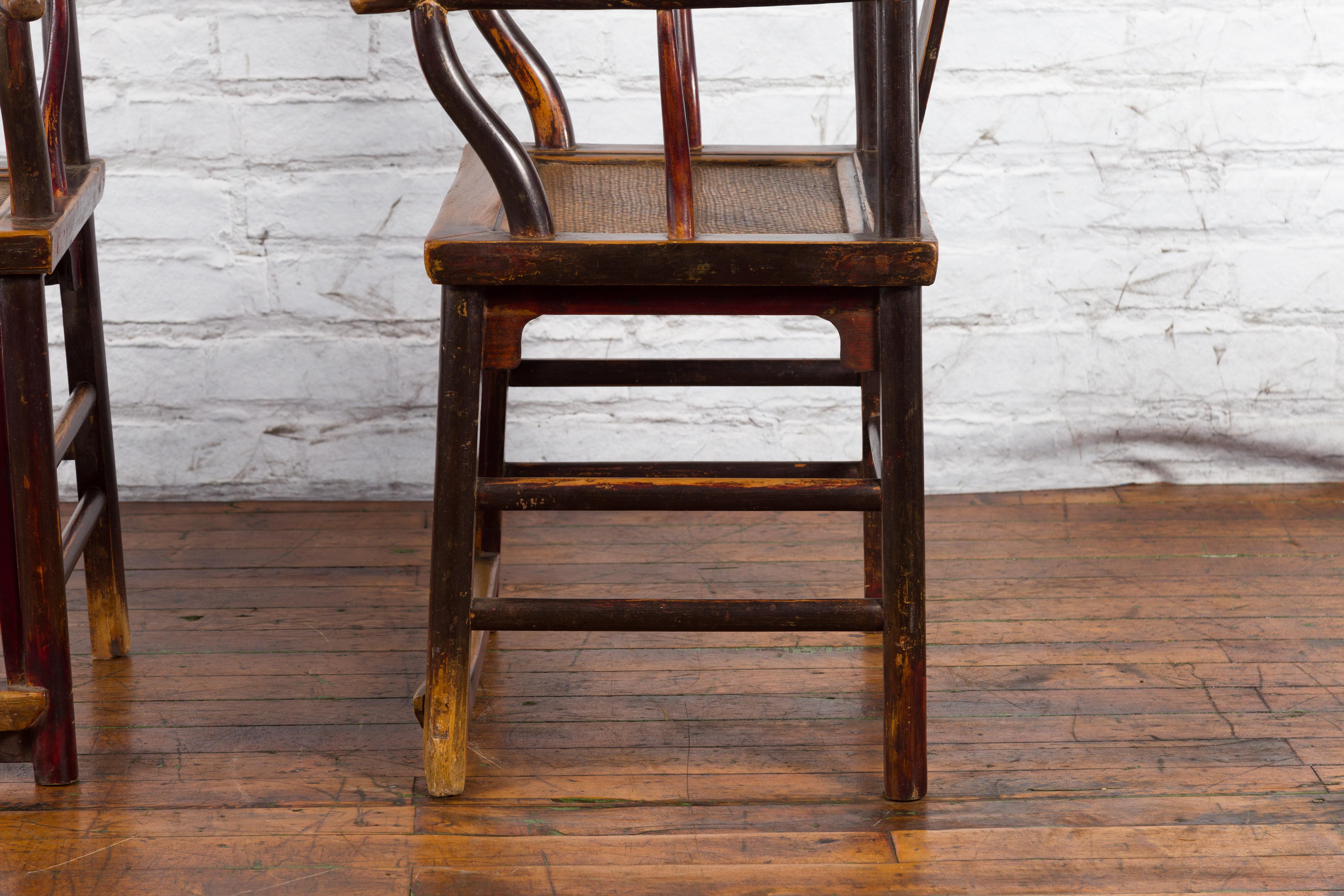 Pair of Chinese Qing Dynasty 19th Century Yoke Back Armchairs with Rattan Seats For Sale 5