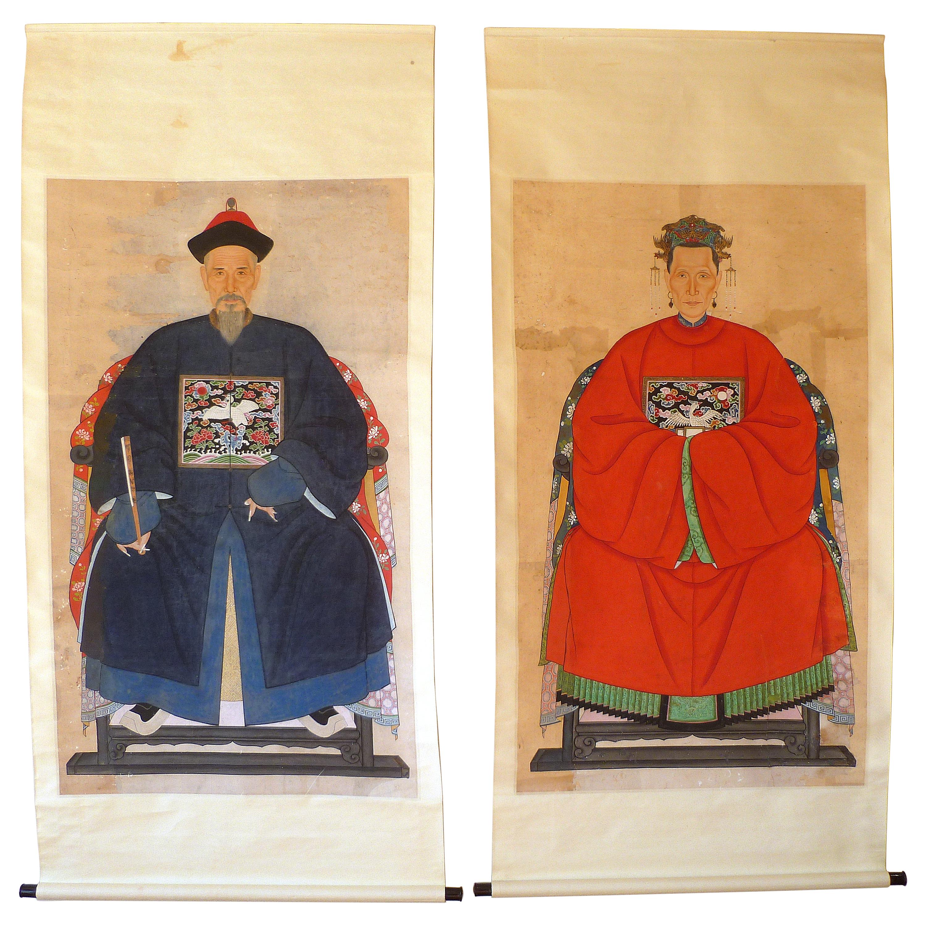 Pair of Chinese Qing Dynasty Ancestor Portrait Scroll Paintings