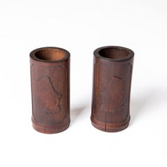 Pair of Chinese Qing Dynasty Bamboo Brush Pots with Scholar Relief Carvings