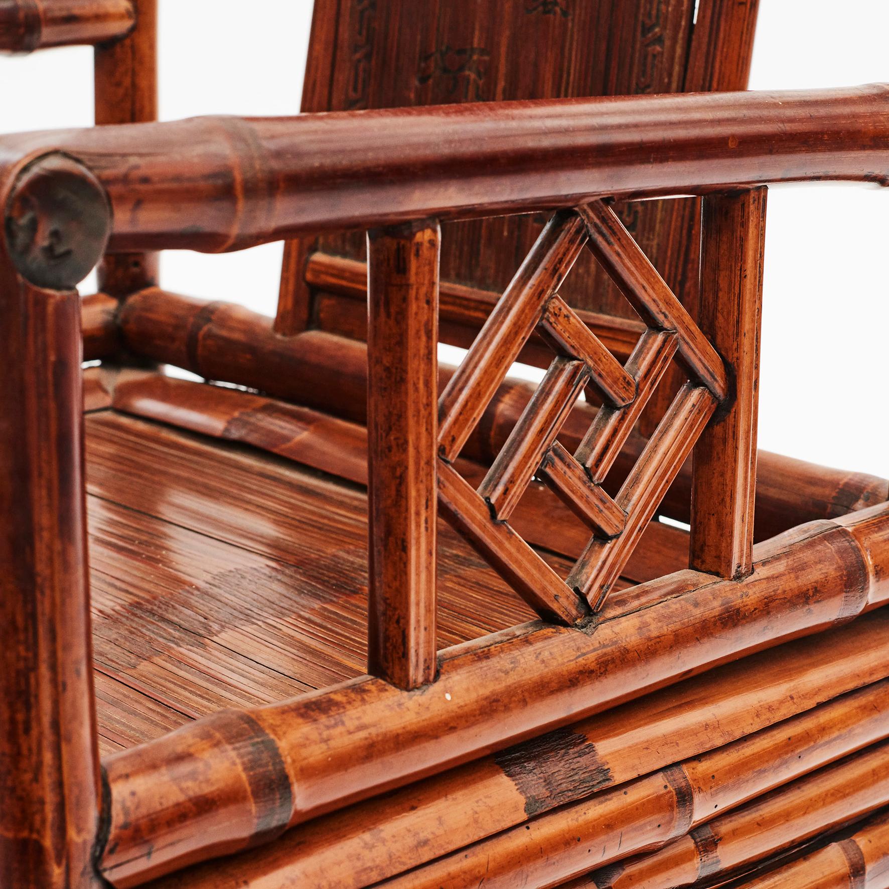 Pair of Chinese Qing Dynasty Bamboo Chairs with Calligraphy For Sale 2
