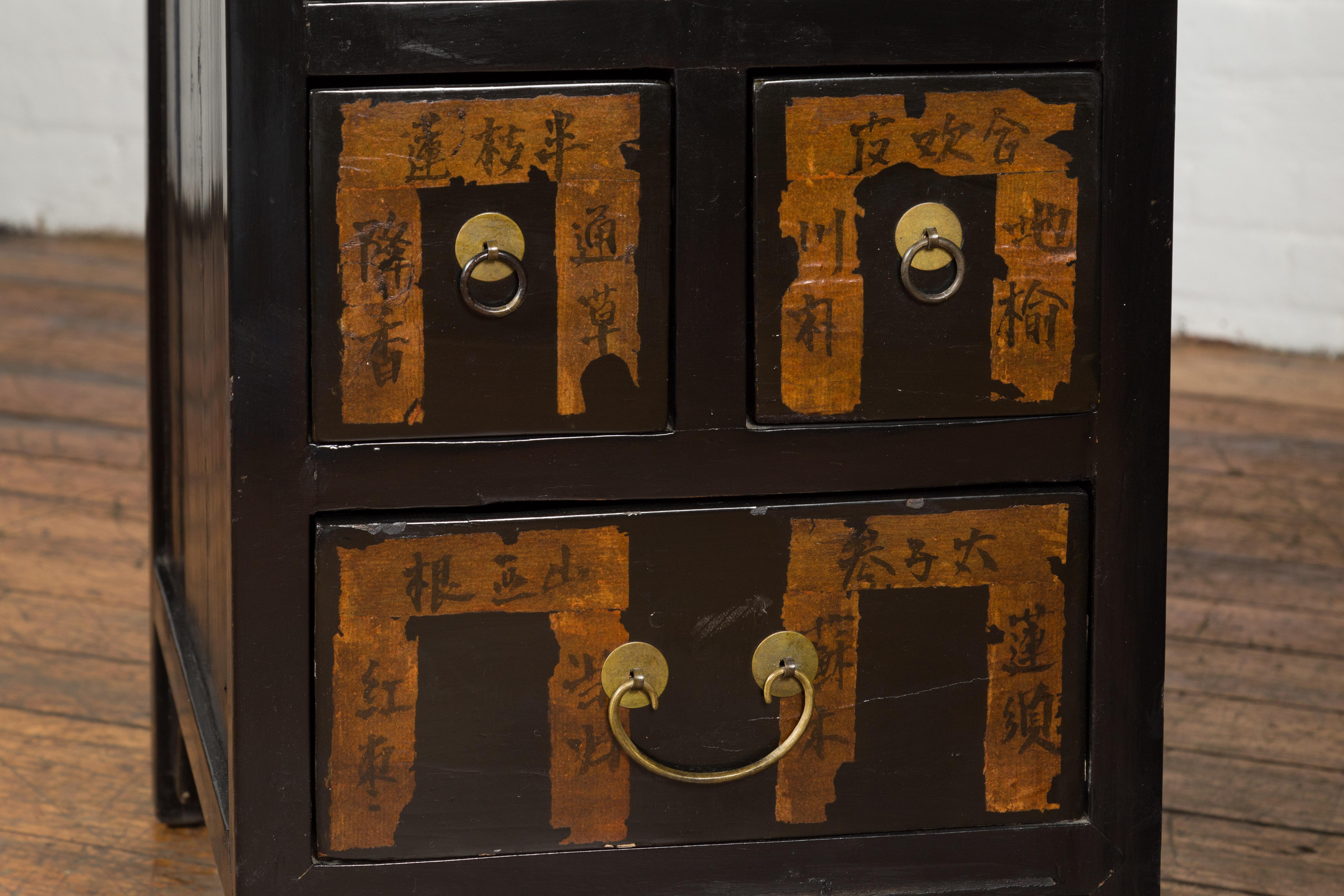 Pair of Chinese Qing Dynasty Black Lacquer Apothecary Cabinets with Calligraphy For Sale 3