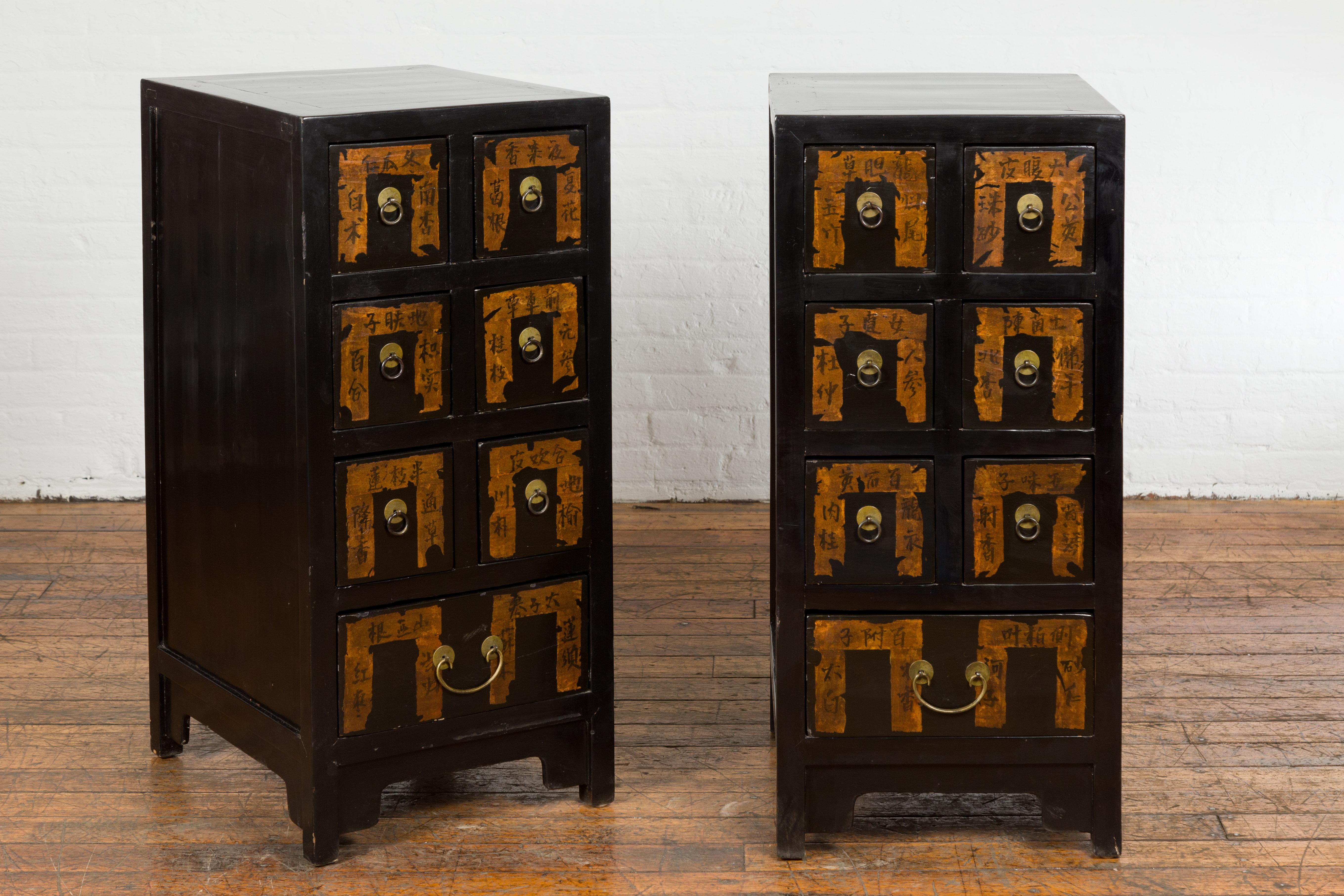 Pair of Chinese Qing Dynasty Black Lacquer Apothecary Cabinets with Calligraphy For Sale 5
