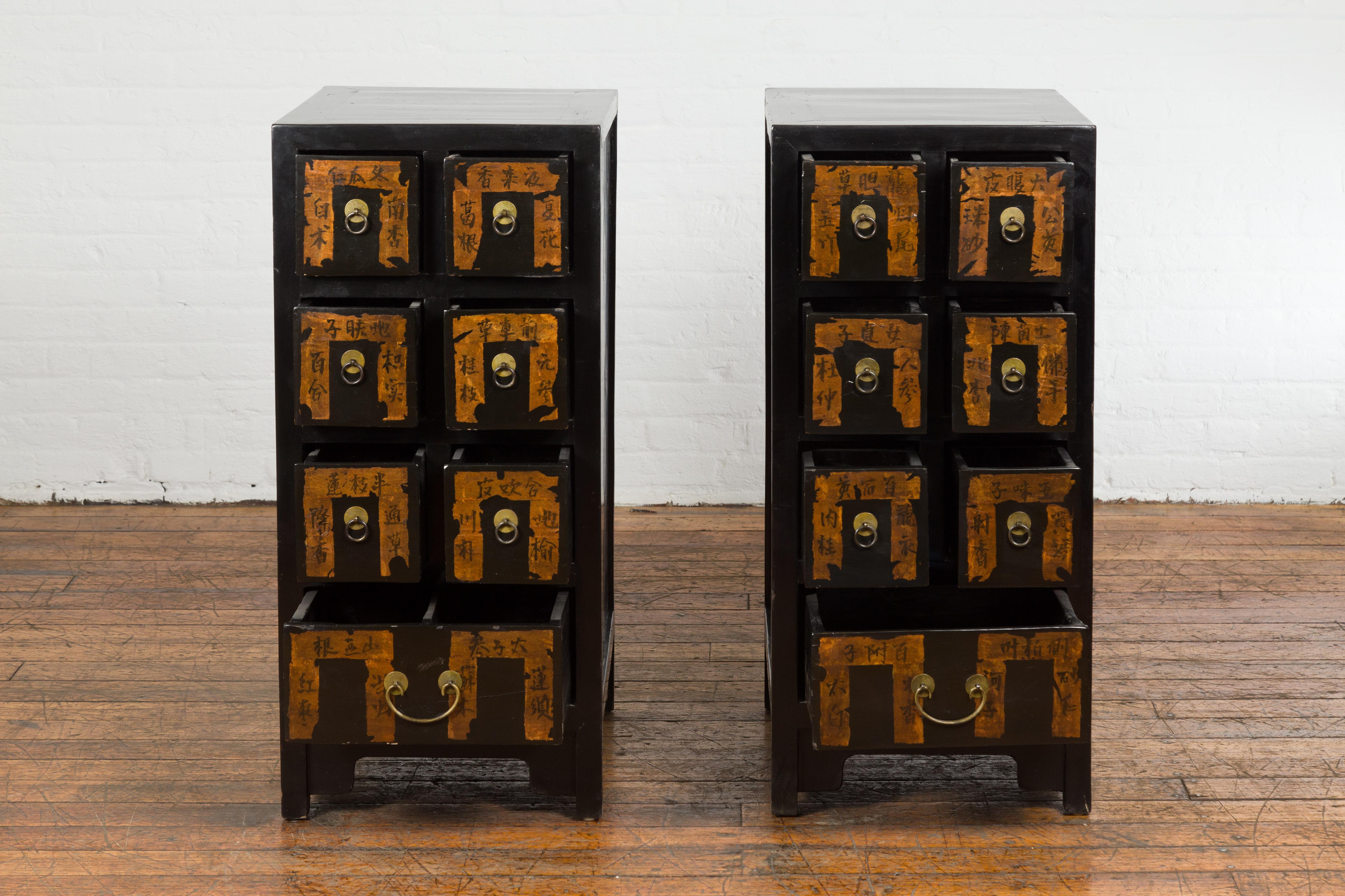 Pair of Chinese Qing Dynasty Black Lacquer Apothecary Cabinets with Calligraphy For Sale 6