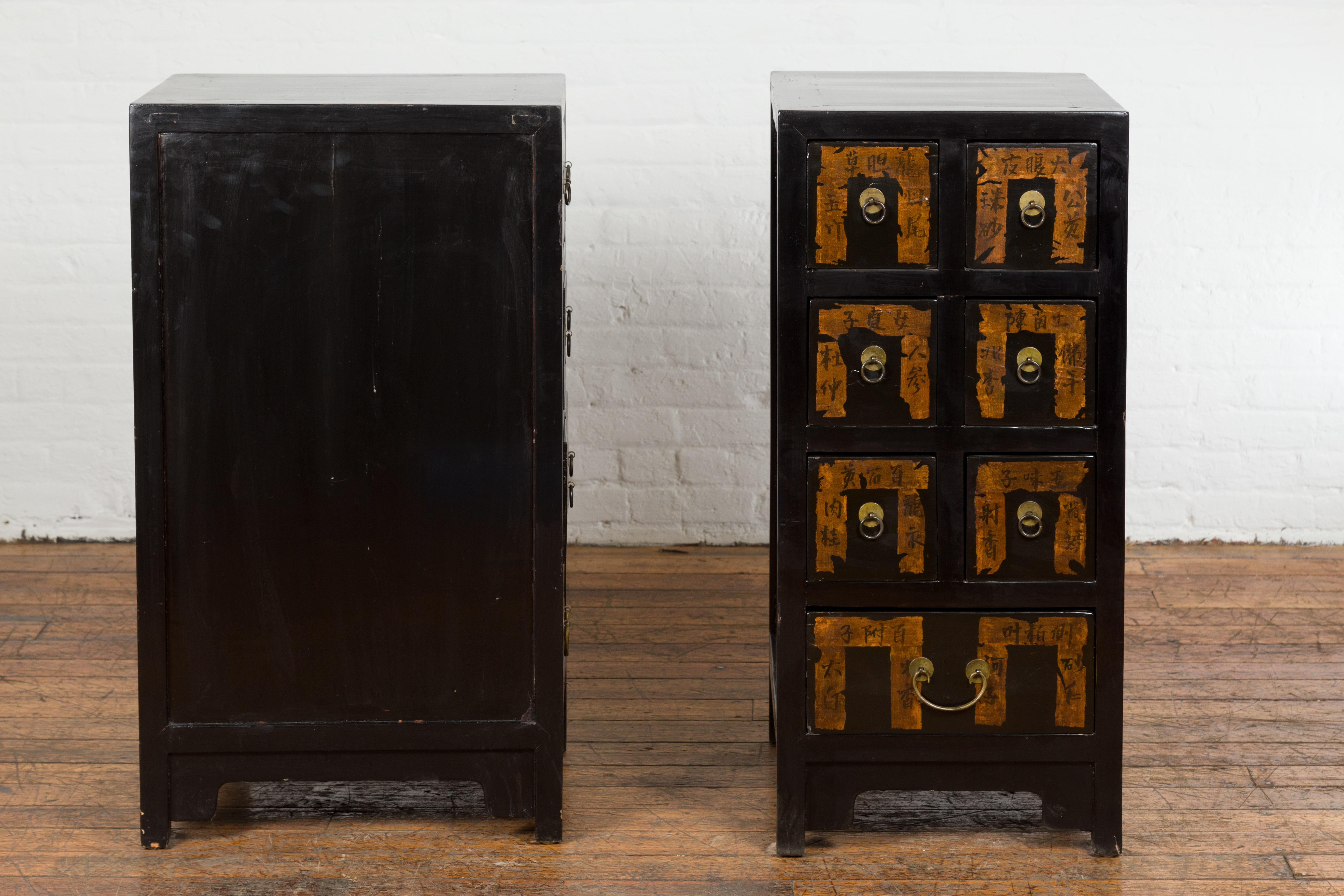 Pair of Chinese Qing Dynasty Black Lacquer Apothecary Cabinets with Calligraphy For Sale 9
