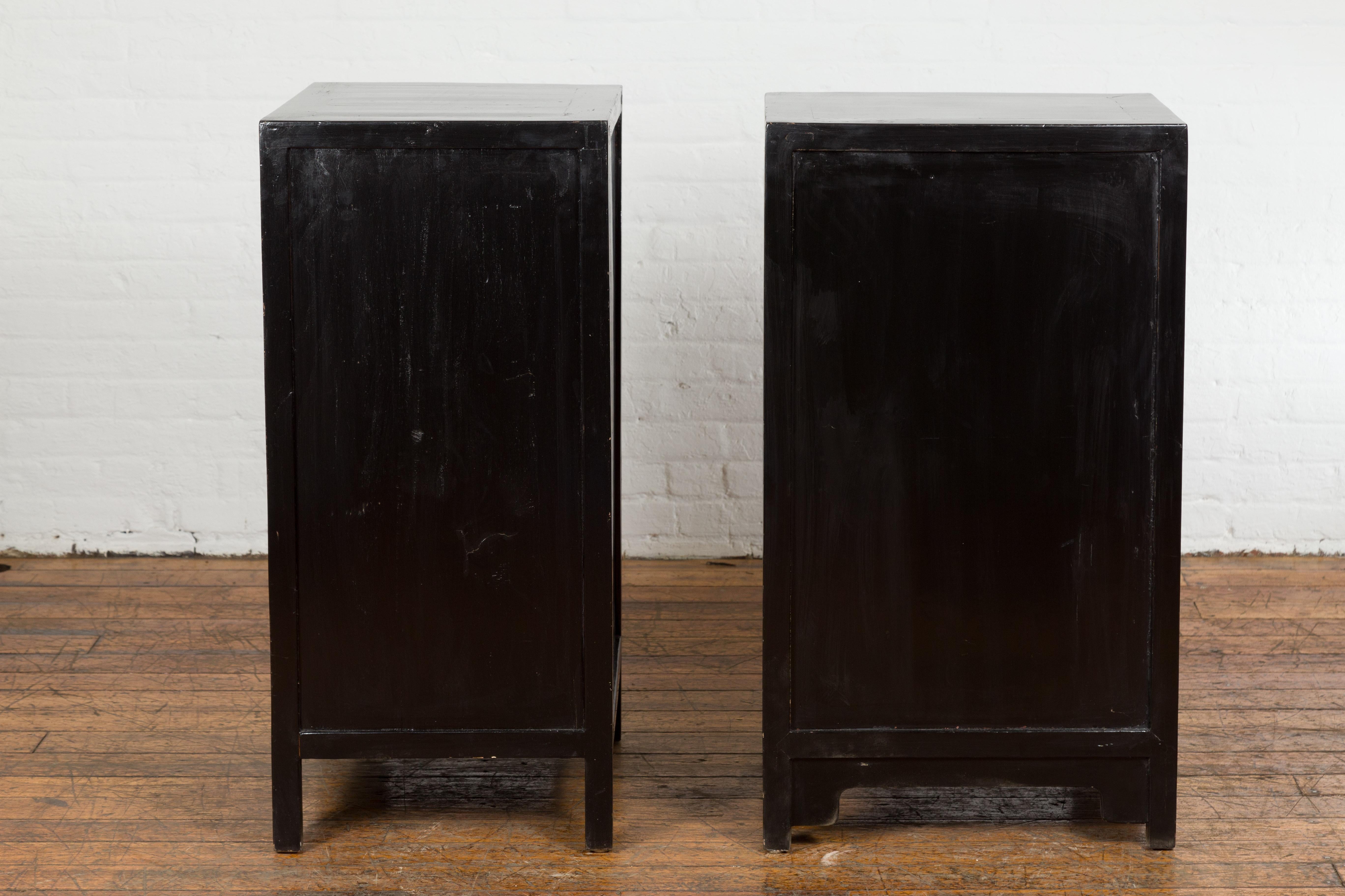 Pair of Chinese Qing Dynasty Black Lacquer Apothecary Cabinets with Calligraphy For Sale 10