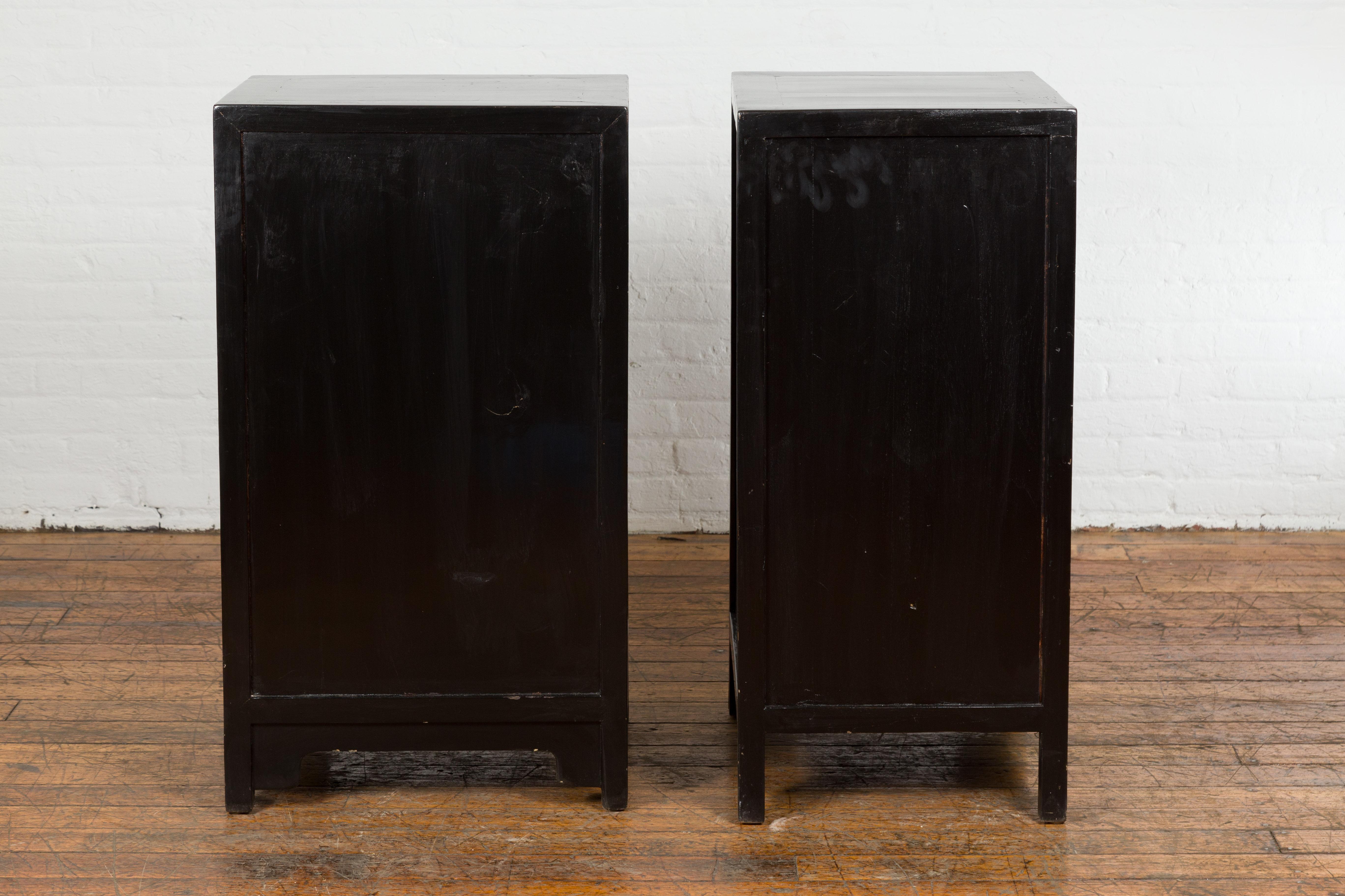 Pair of Chinese Qing Dynasty Black Lacquer Apothecary Cabinets with Calligraphy For Sale 11