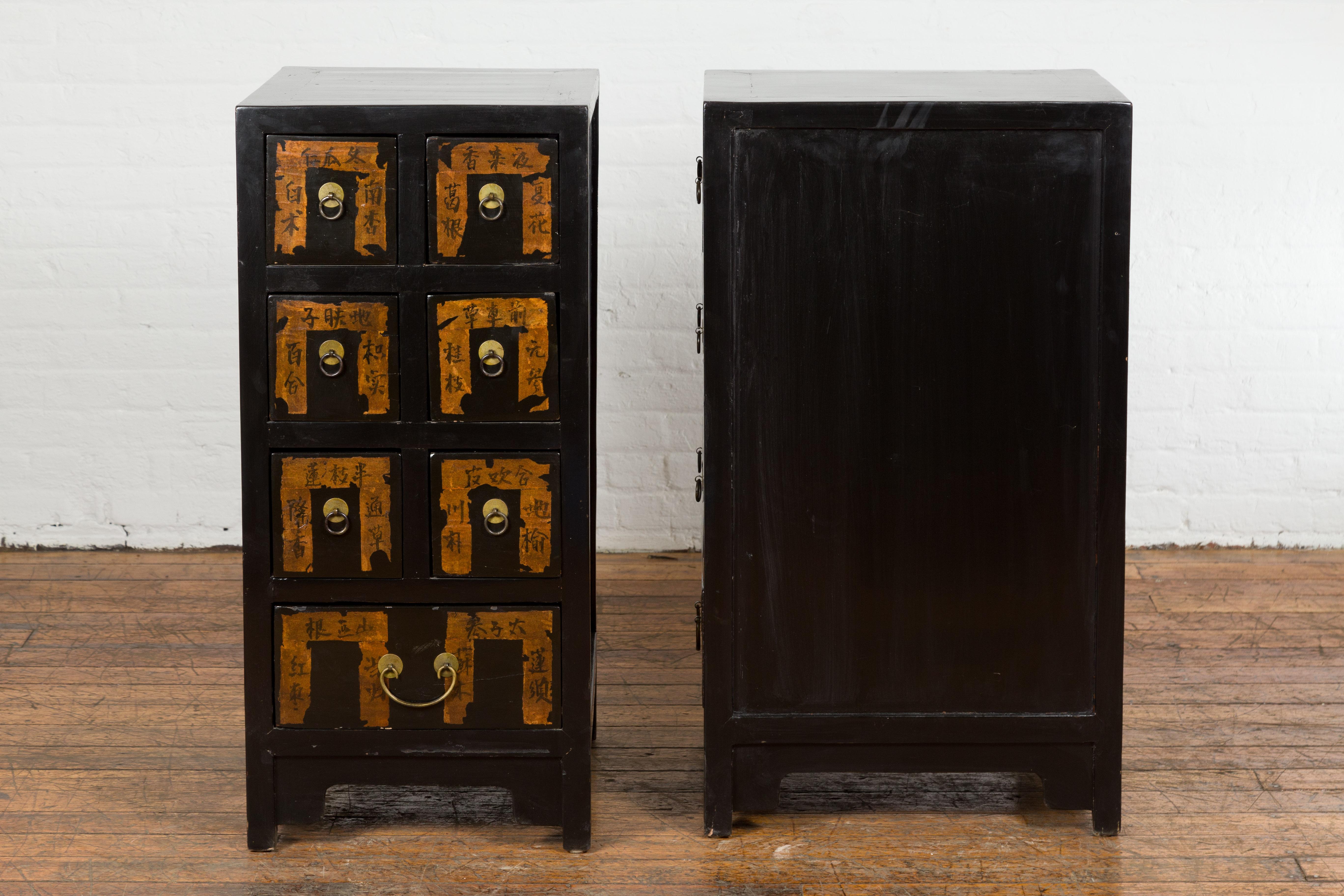 Pair of Chinese Qing Dynasty Black Lacquer Apothecary Cabinets with Calligraphy For Sale 11